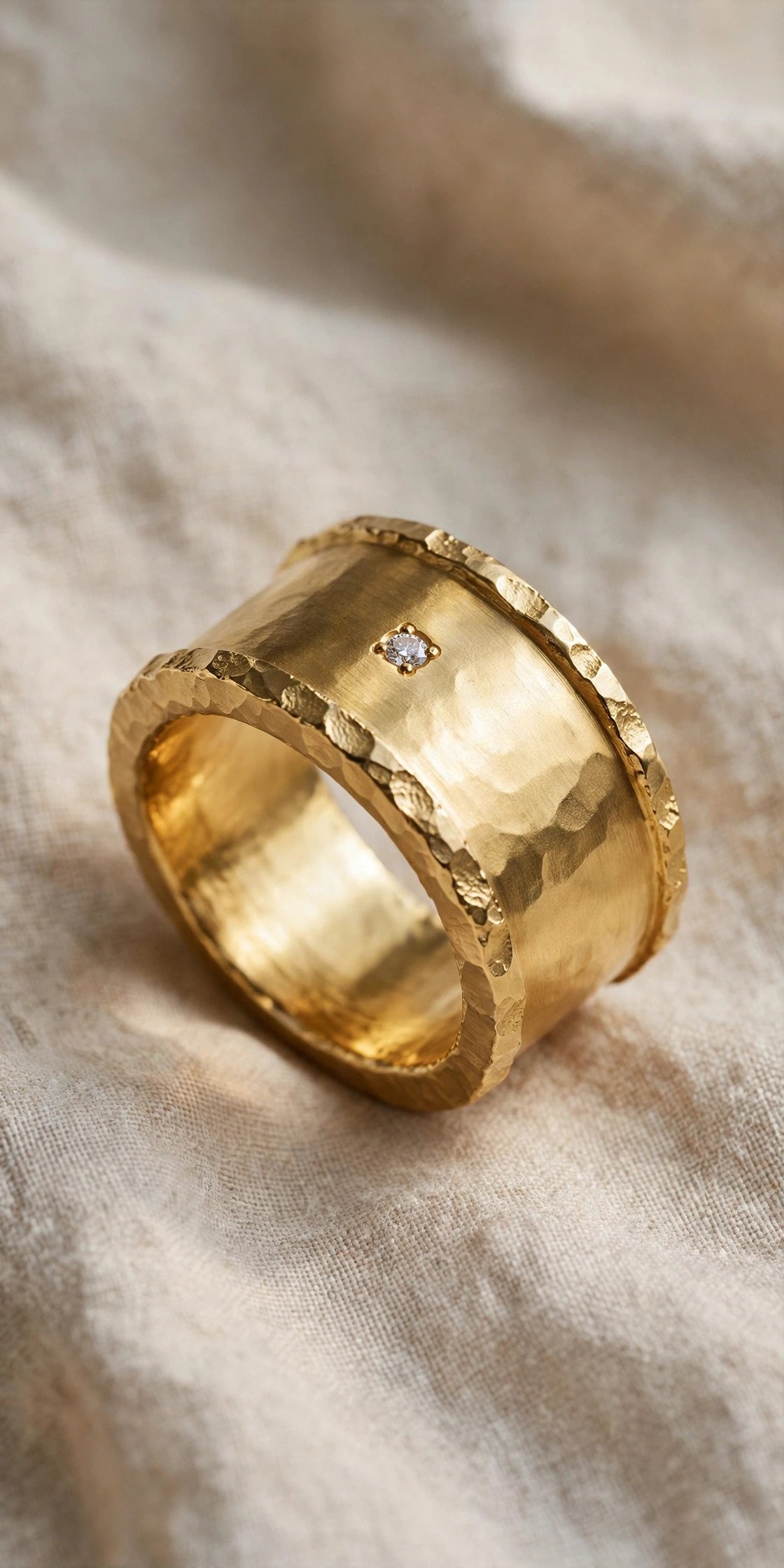 Chunky wide yellow gold band with small diamond