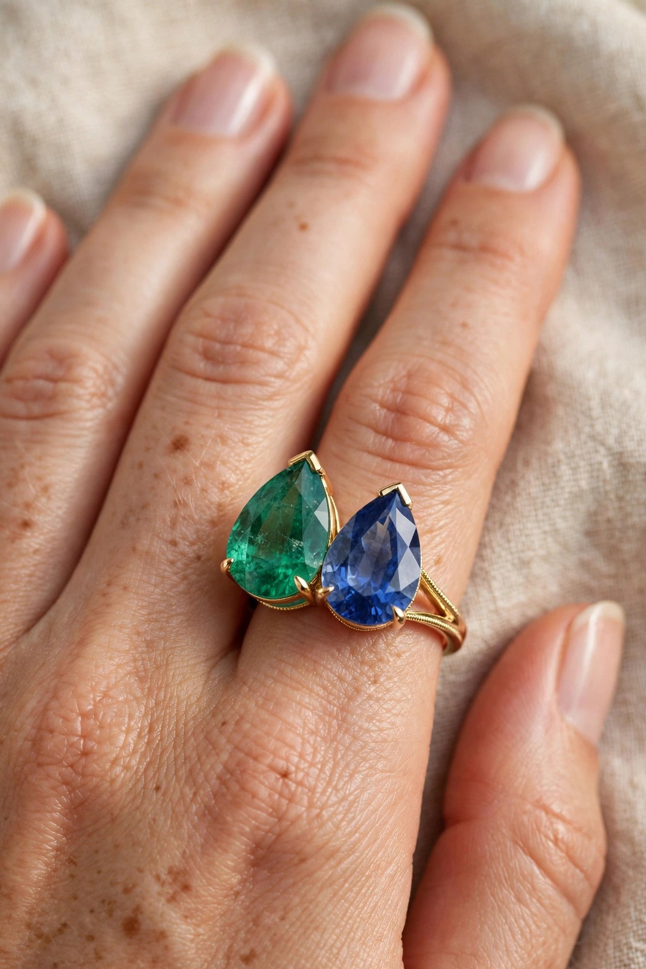 Toi et moi ring with two different gemstones side by side