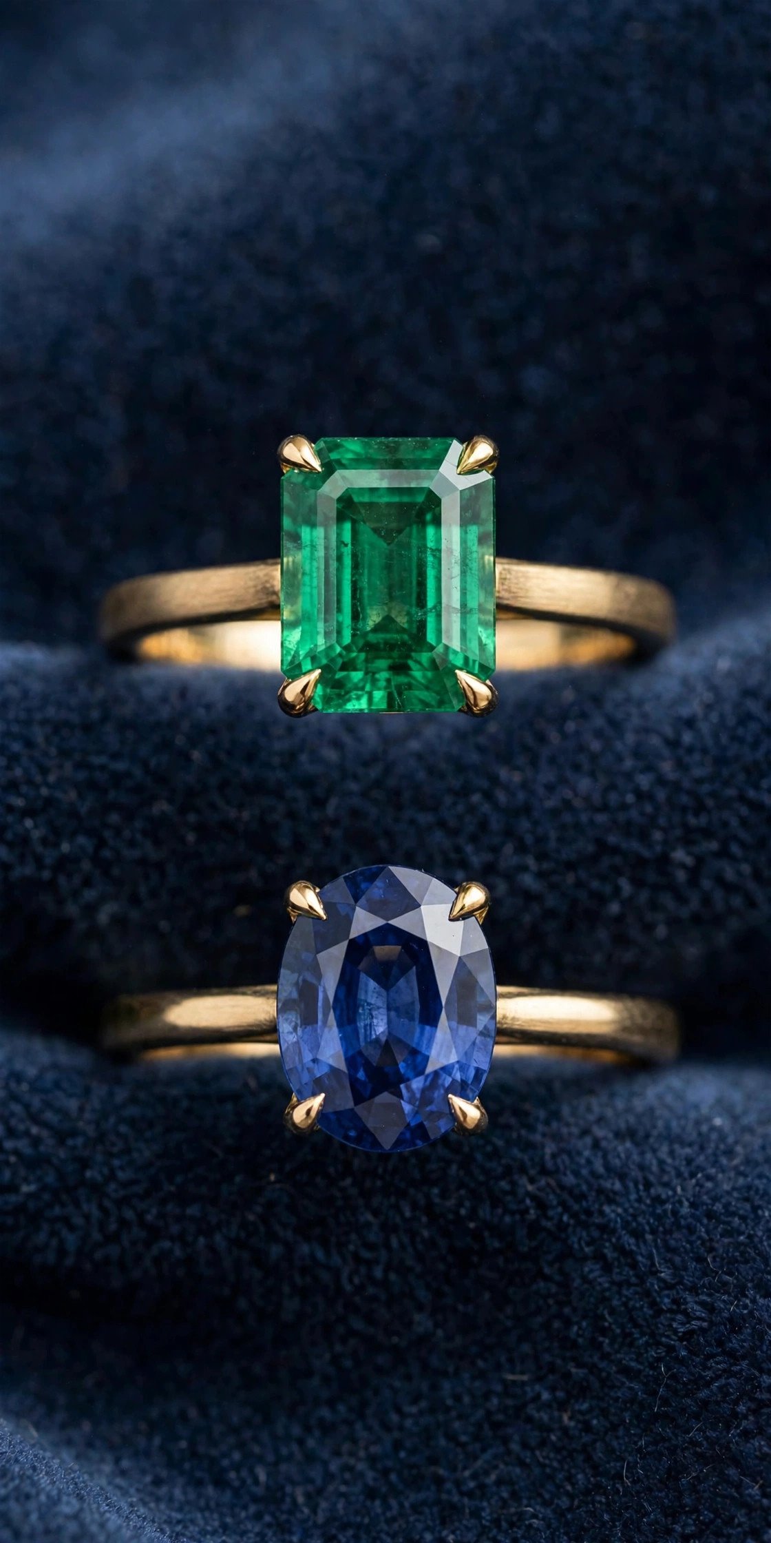 Emerald and sapphire engagement rings with gold bands