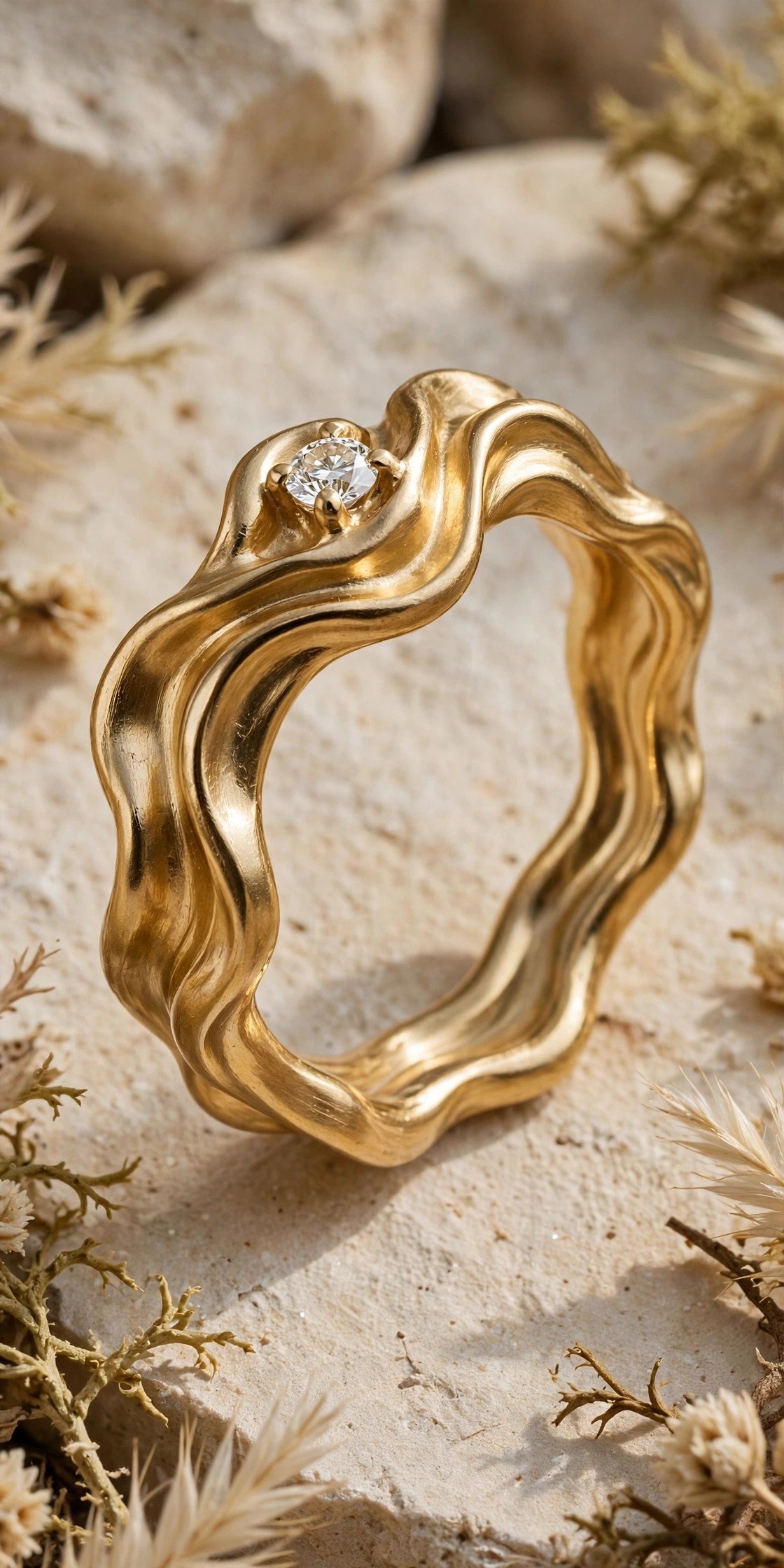 Wavy sculptural organic gold engagement ring band