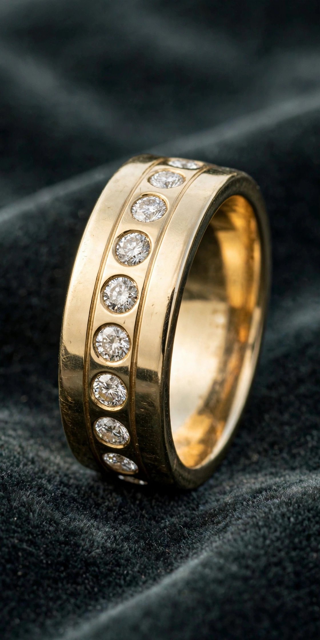 Wide cigar band style gold ring with flush set diamonds