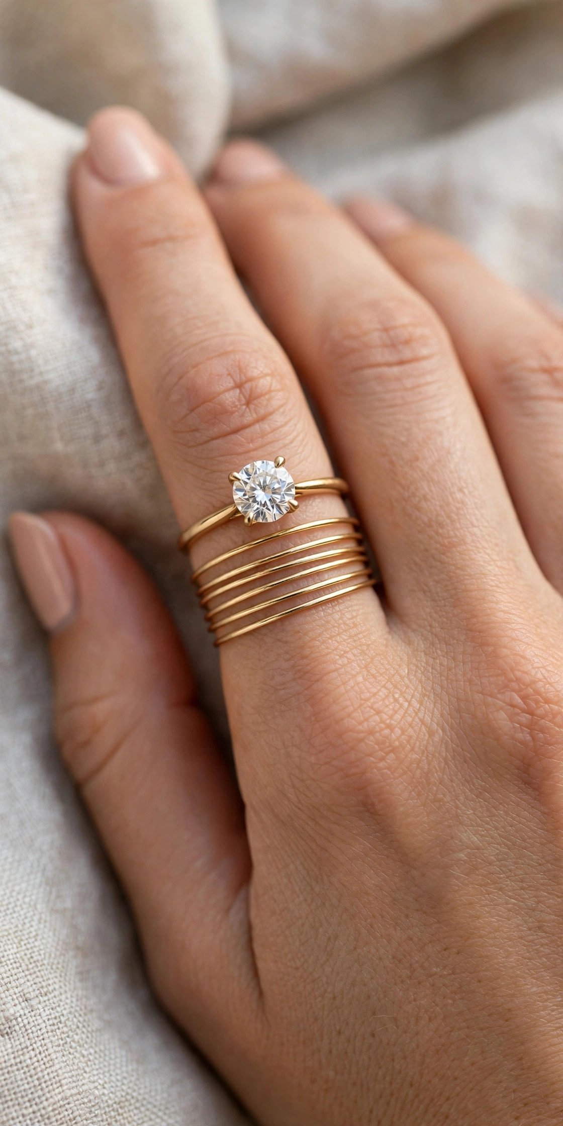 Stack of thin gold bands worn with engagement ring