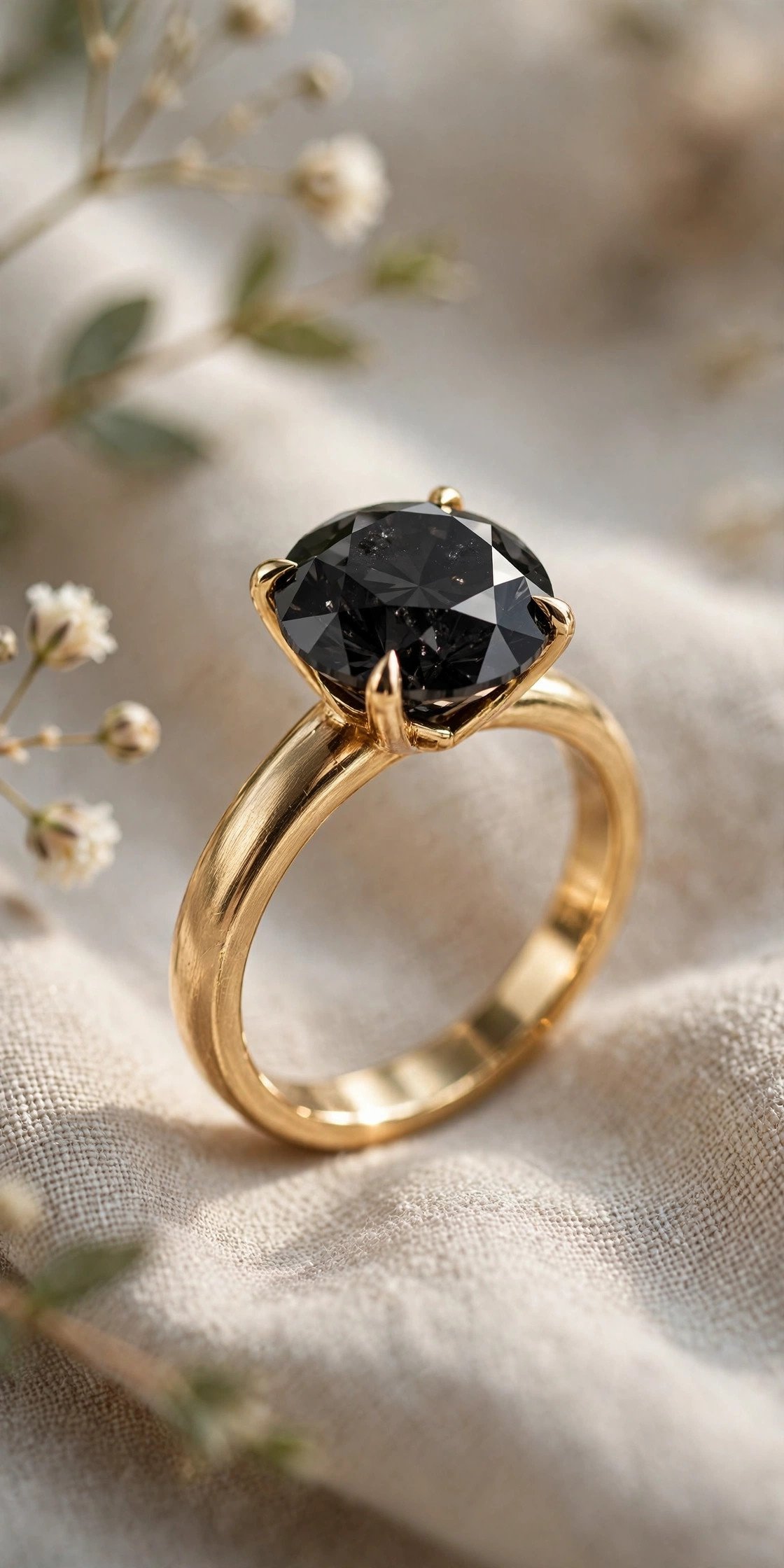 Black diamond engagement ring with gold band