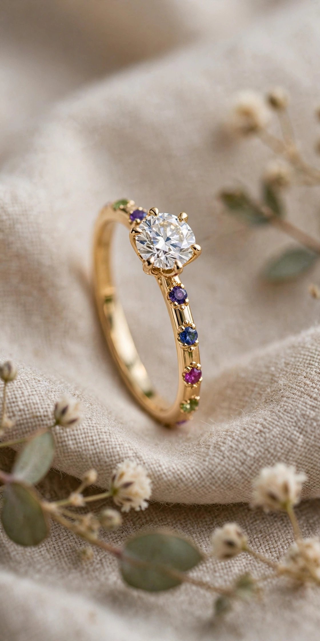 Engagement ring with small birthstone accents on band
