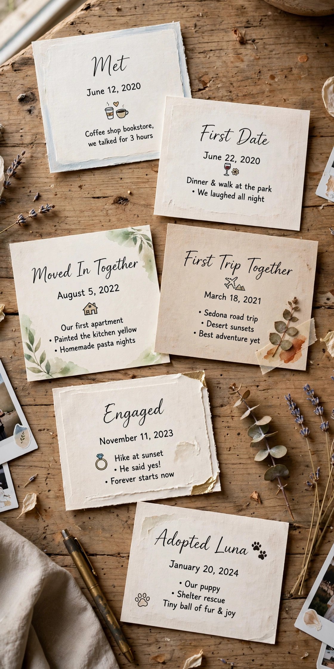 Timeline cards of couple milestones laid on a table