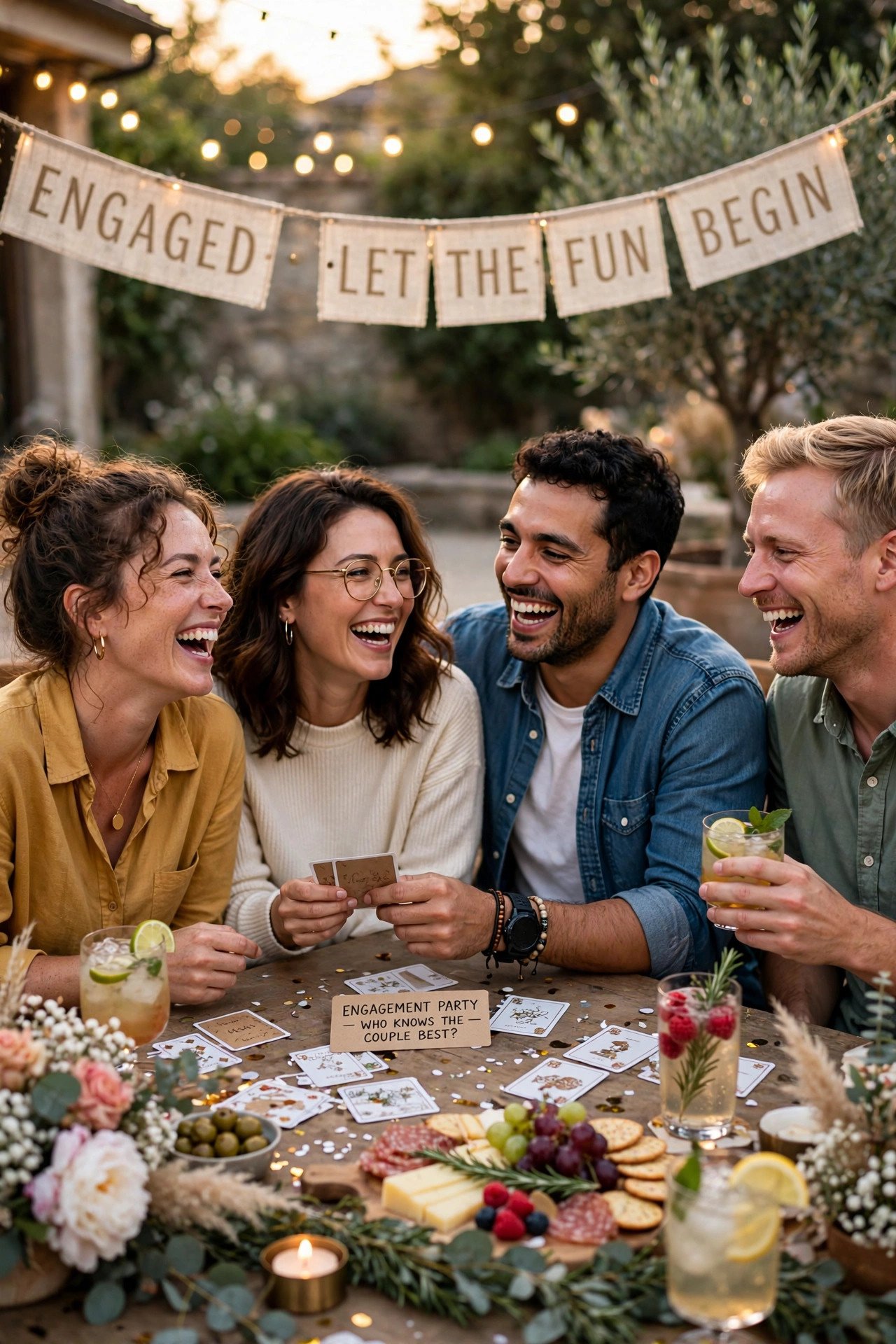 Friends laughing while playing engagement party games with drinks