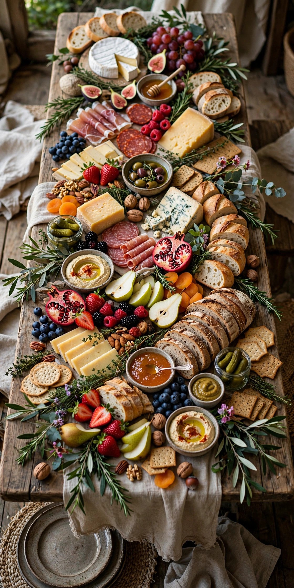 Long grazing table with cheeses meats fruits and breads