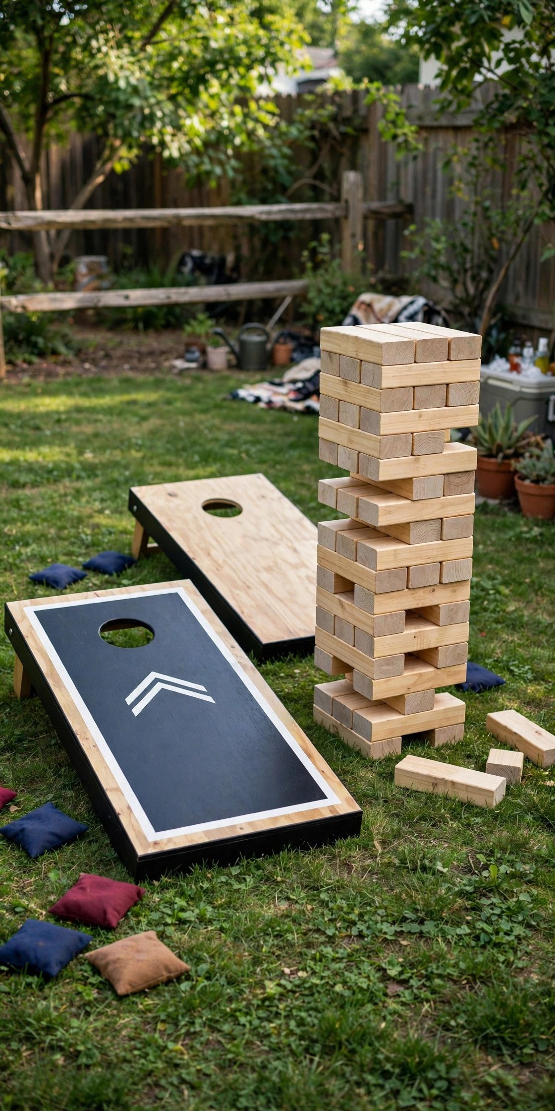 Cornhole and giant jenga lawn games set up on grass