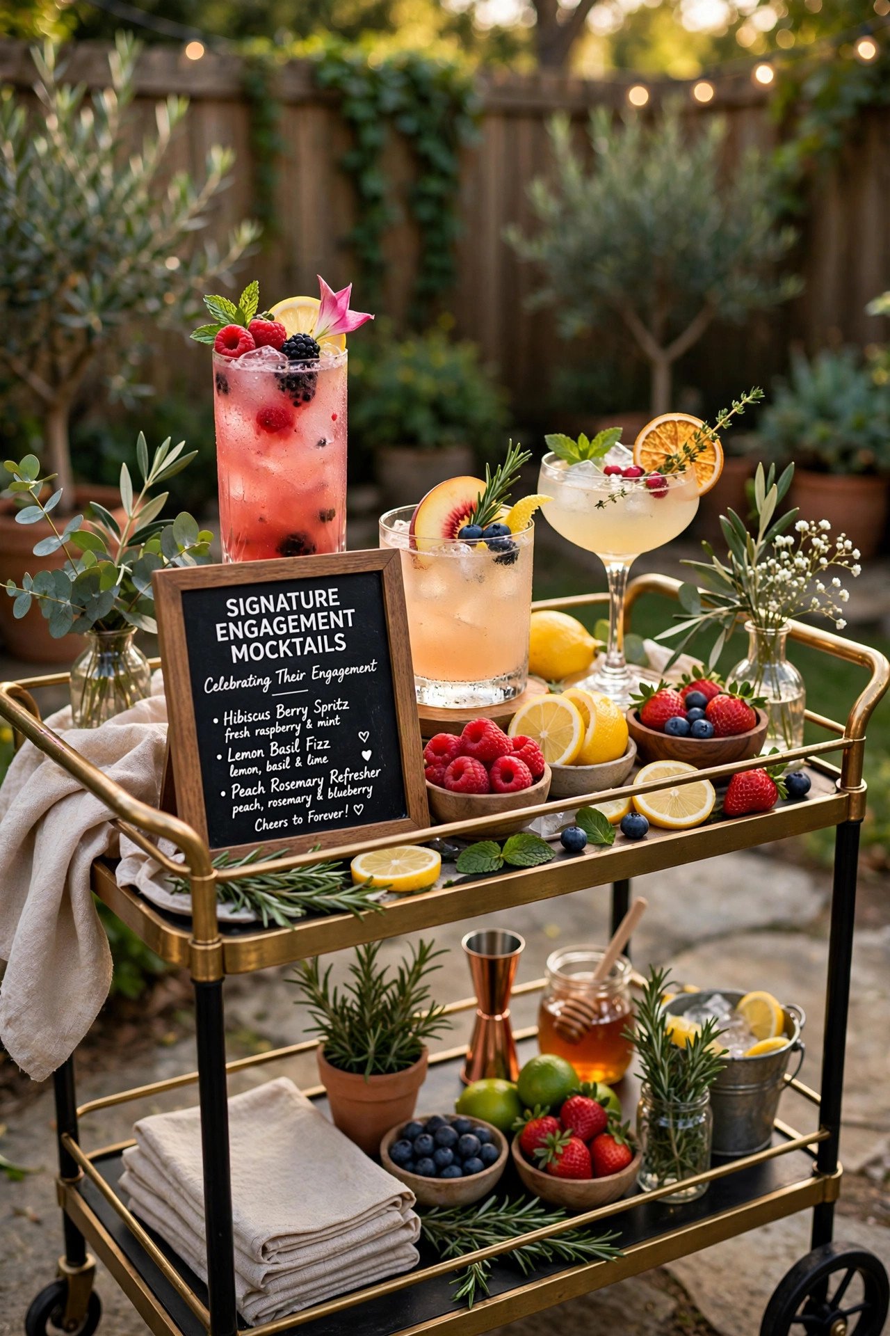Backyard bar cart with signature engagement mocktails and fruit garnishes