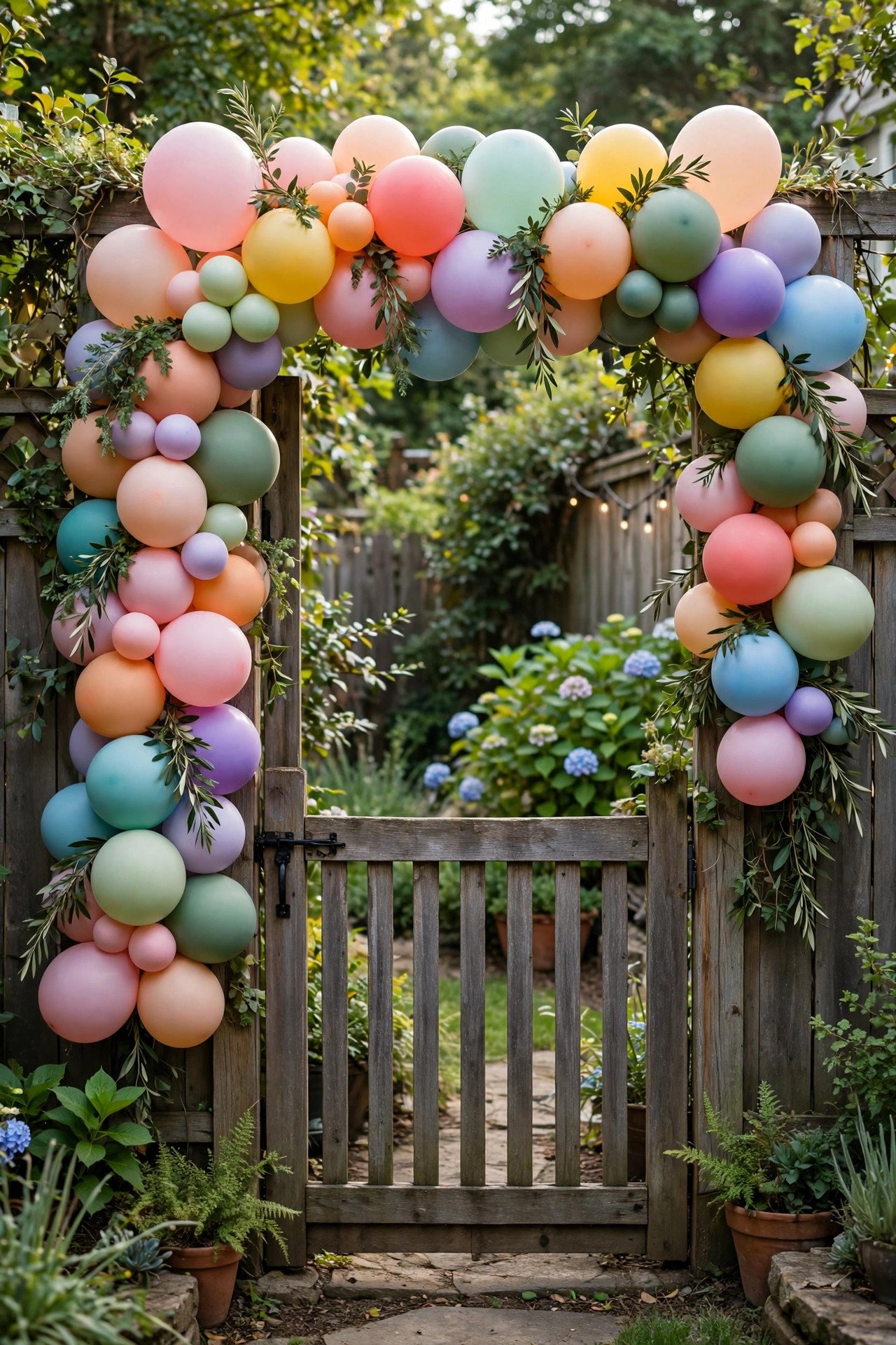 Colorful balloon garland framing a backyard gate entrance