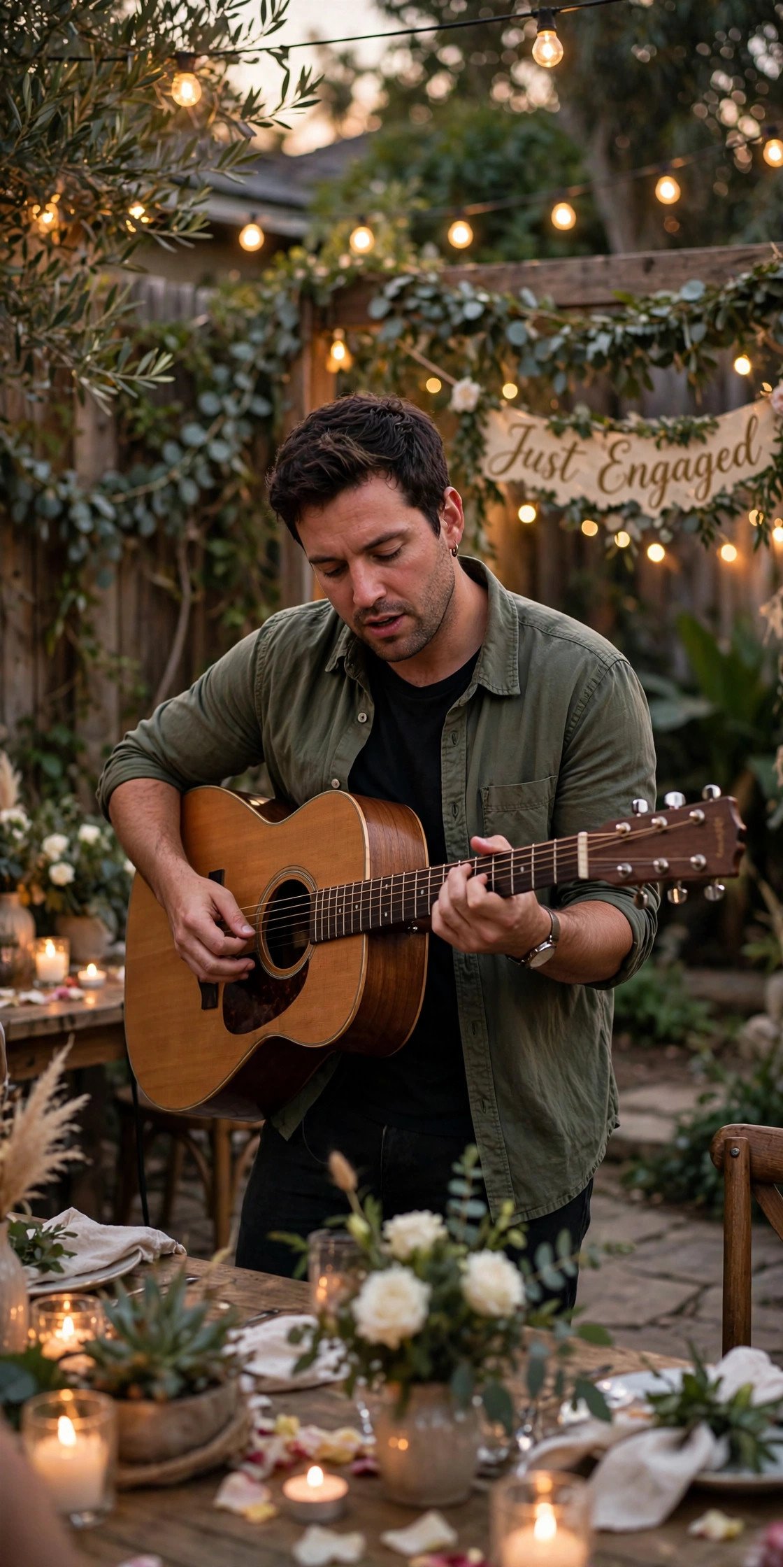 Acoustic guitarist performing at backyard engagement party