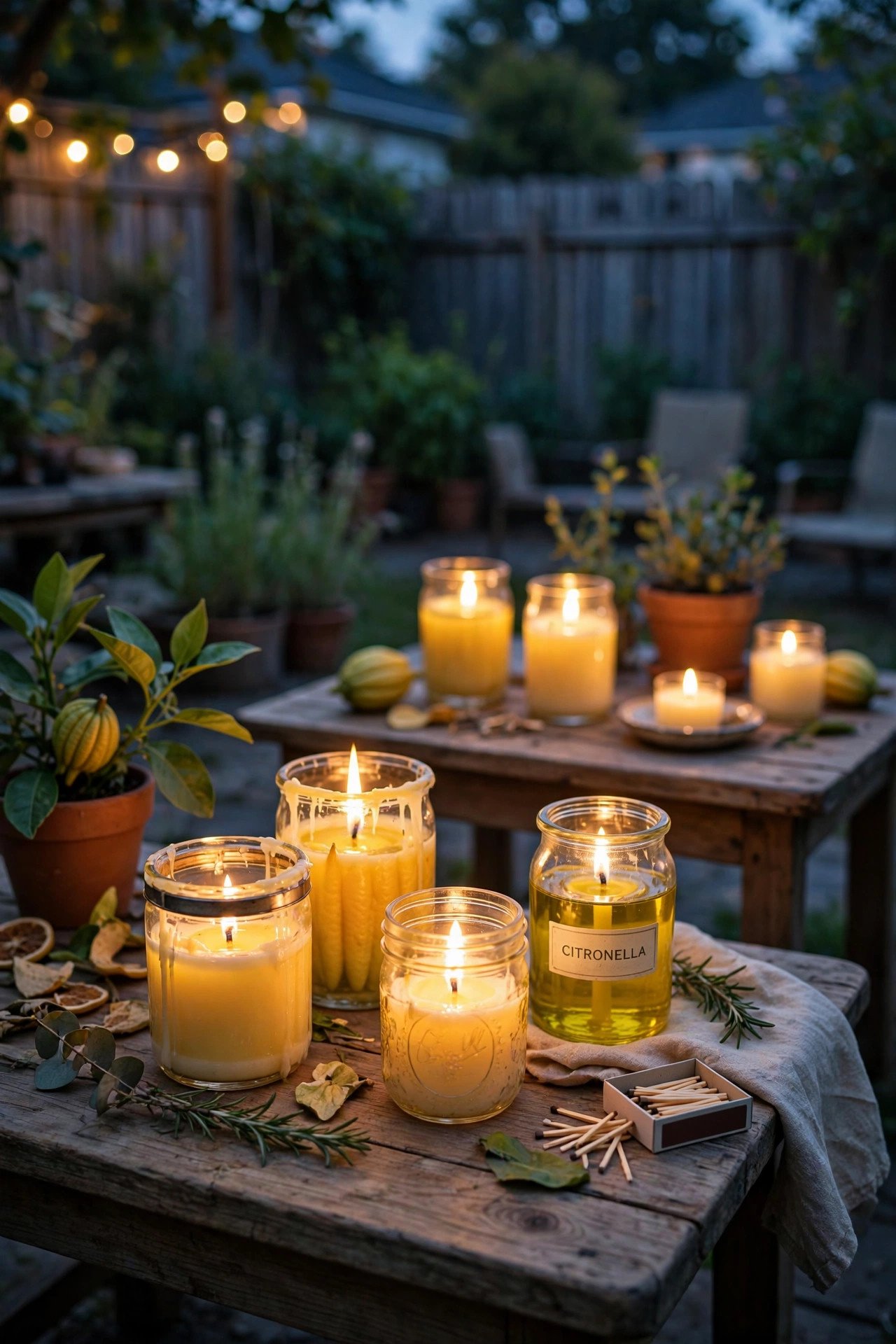 Glowing citronella candles on backyard tables at dusk