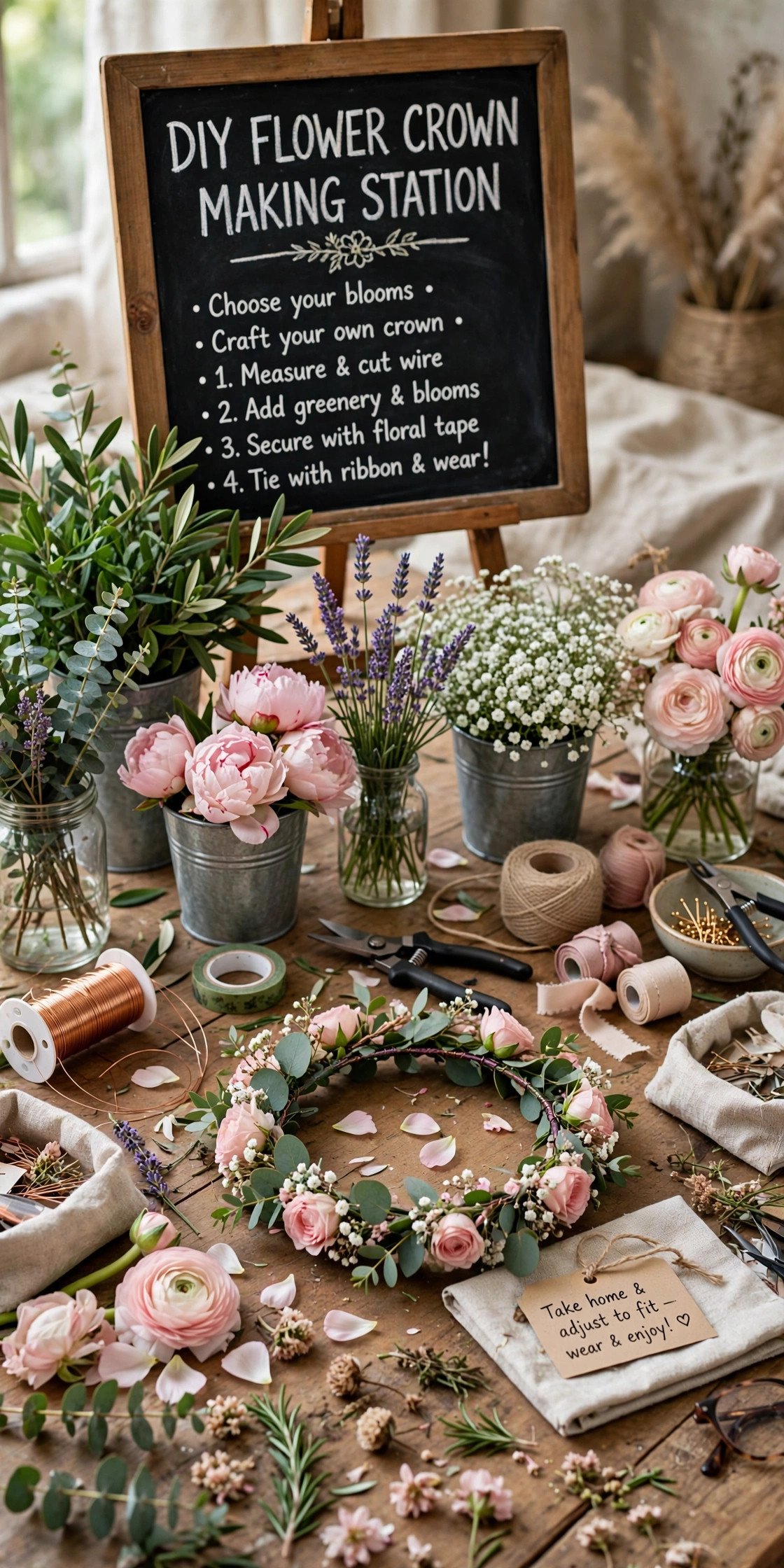 DIY flower crown making station with fresh blooms