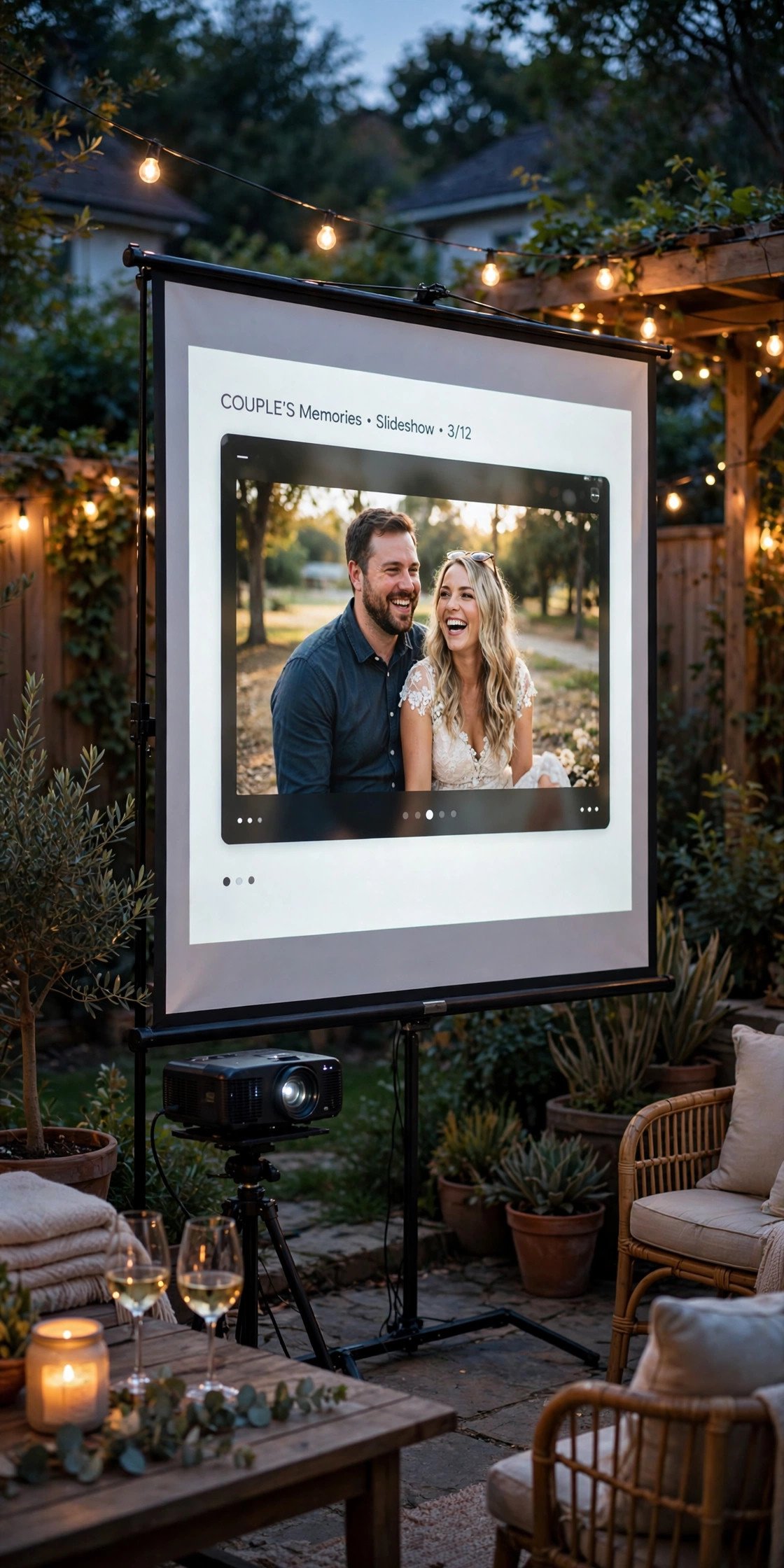 Backyard projector screen showing couple's photo slideshow
