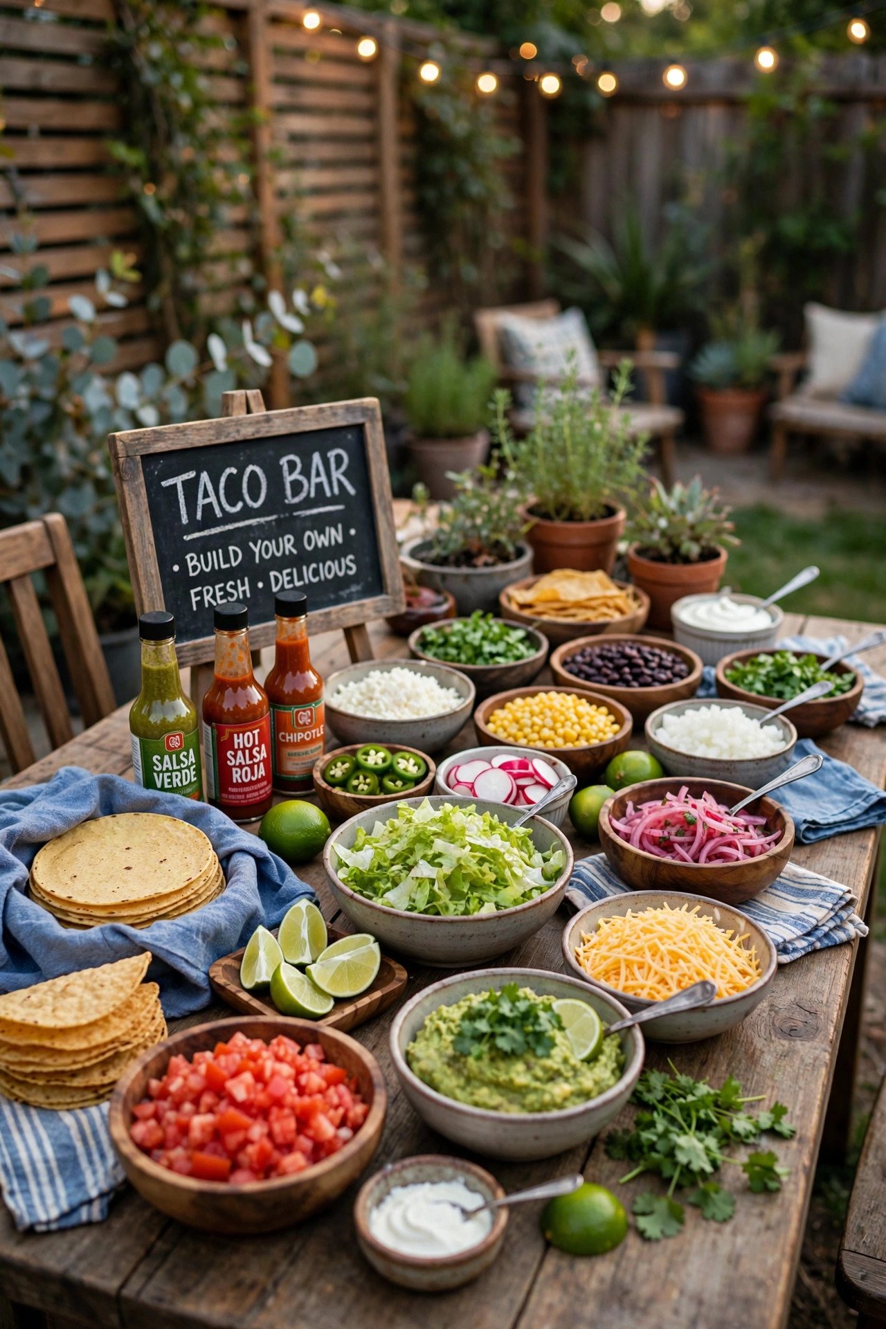 Taco bar setup with colorful toppings at backyard party