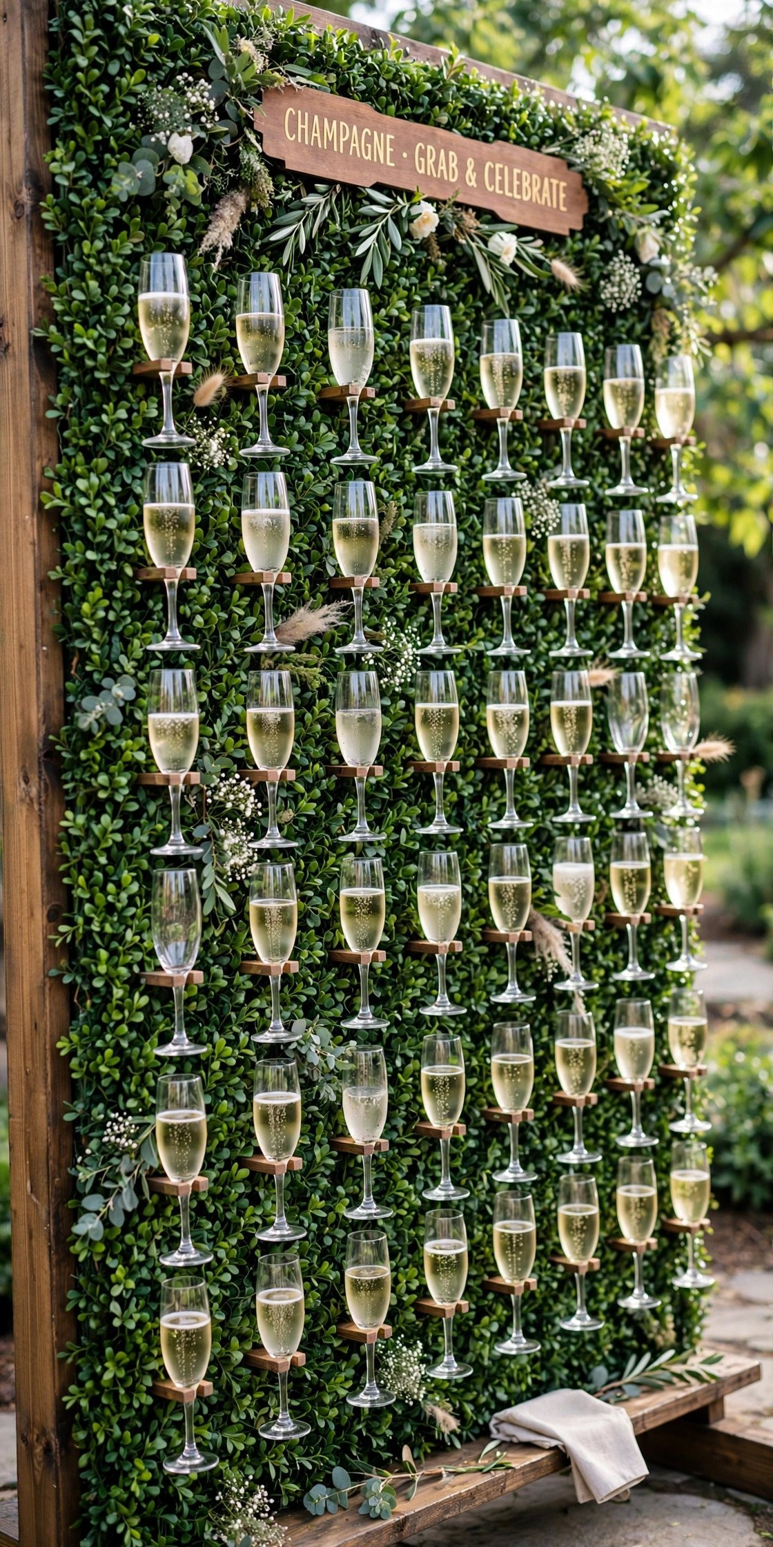 Hedge wall with champagne glasses for guests to grab