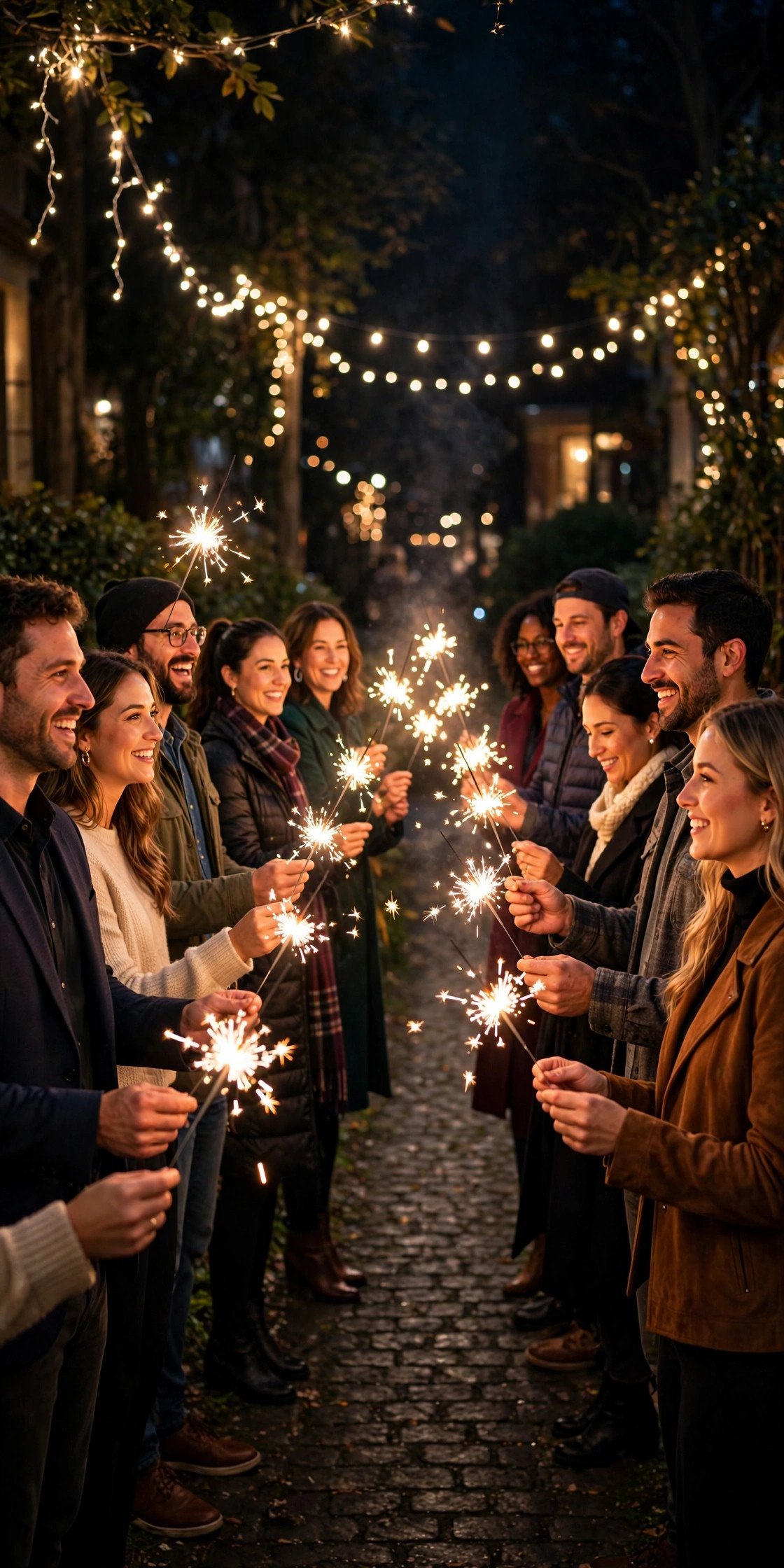 Guests holding sparklers forming a send-off tunnel at night