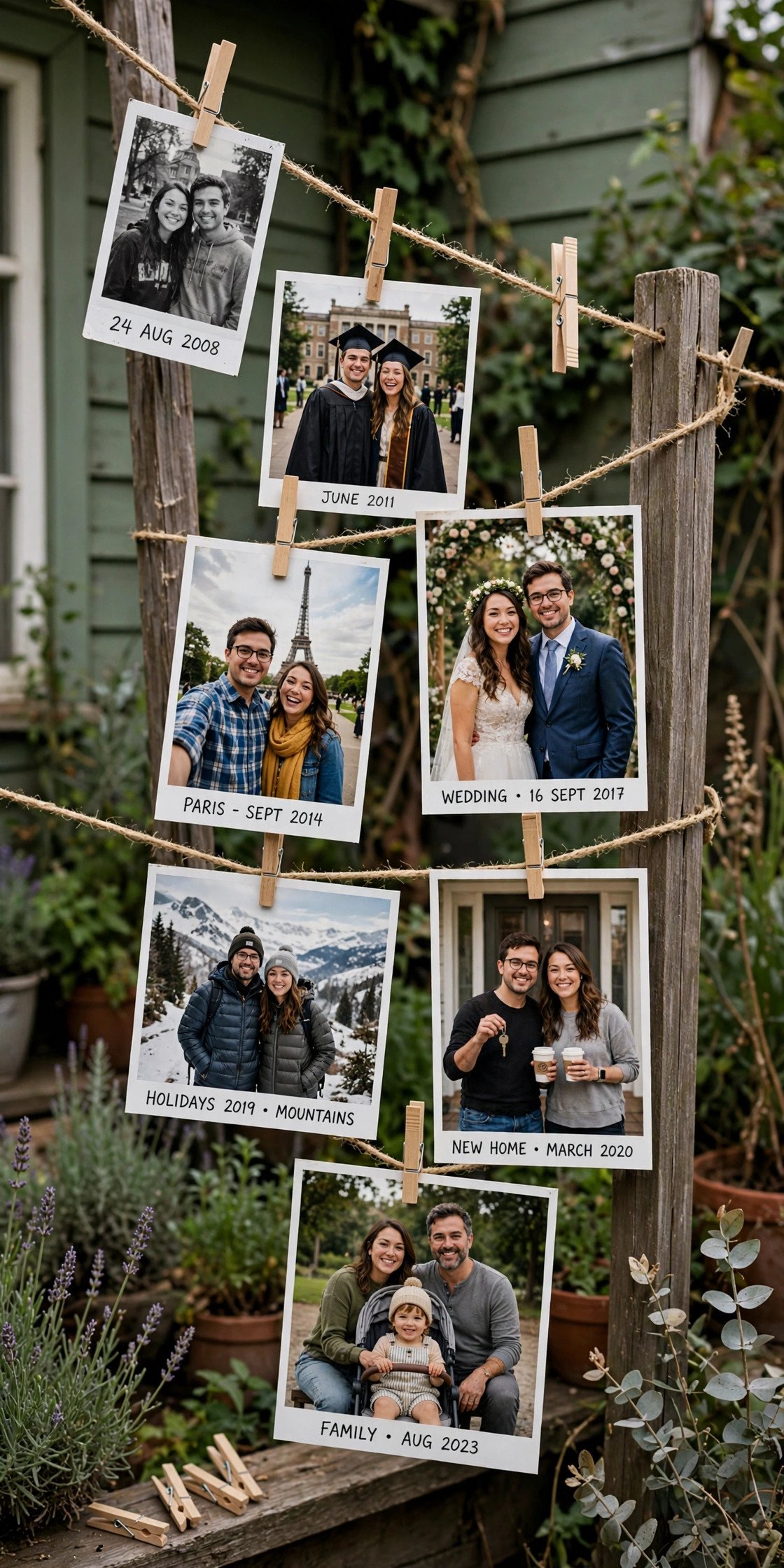 Clothesline strung with photos of the couple through the years