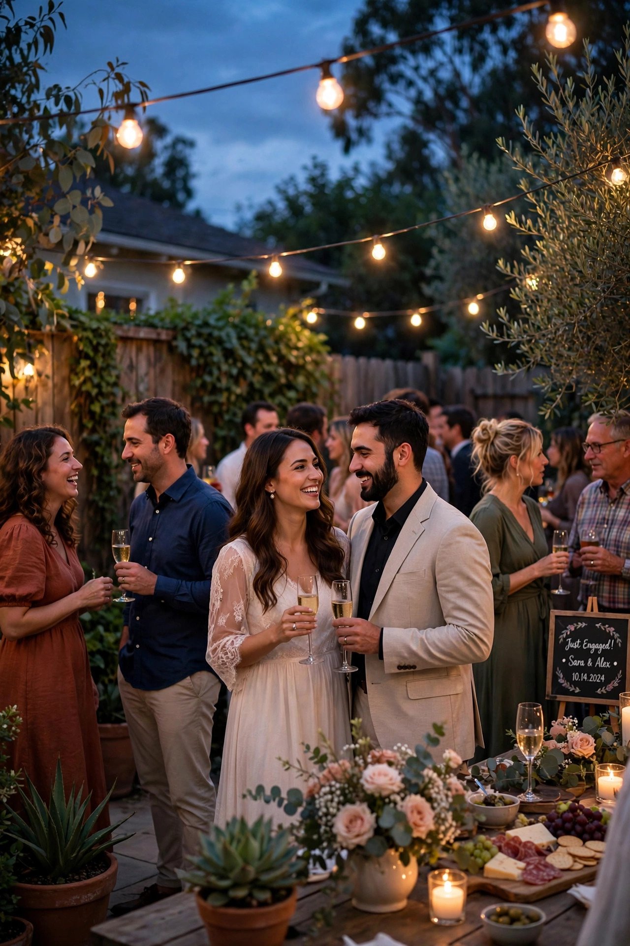 Backyard engagement party at dusk with string lights and guests mingling