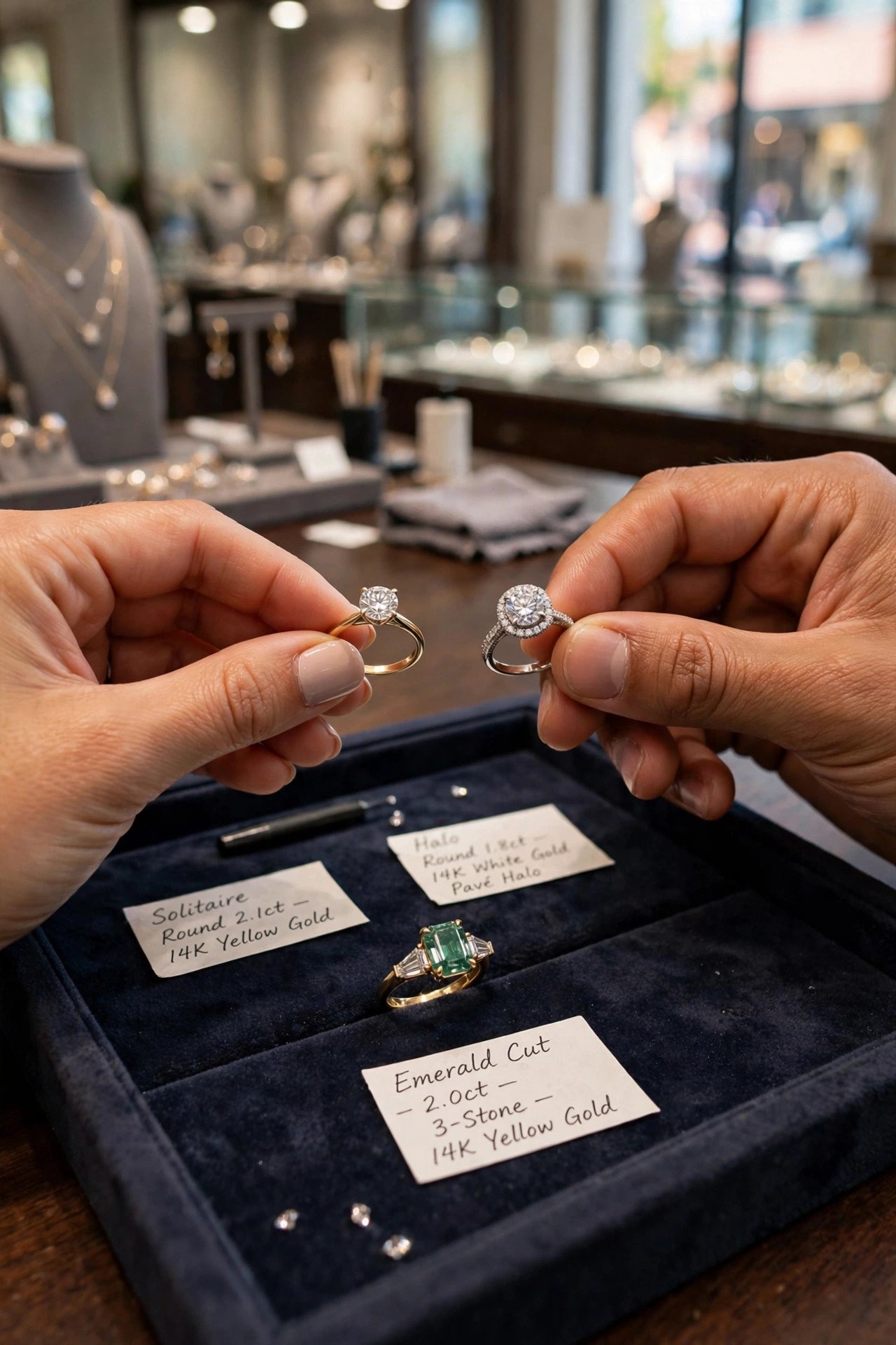 Hands comparing different engagement ring styles in a jewelry store