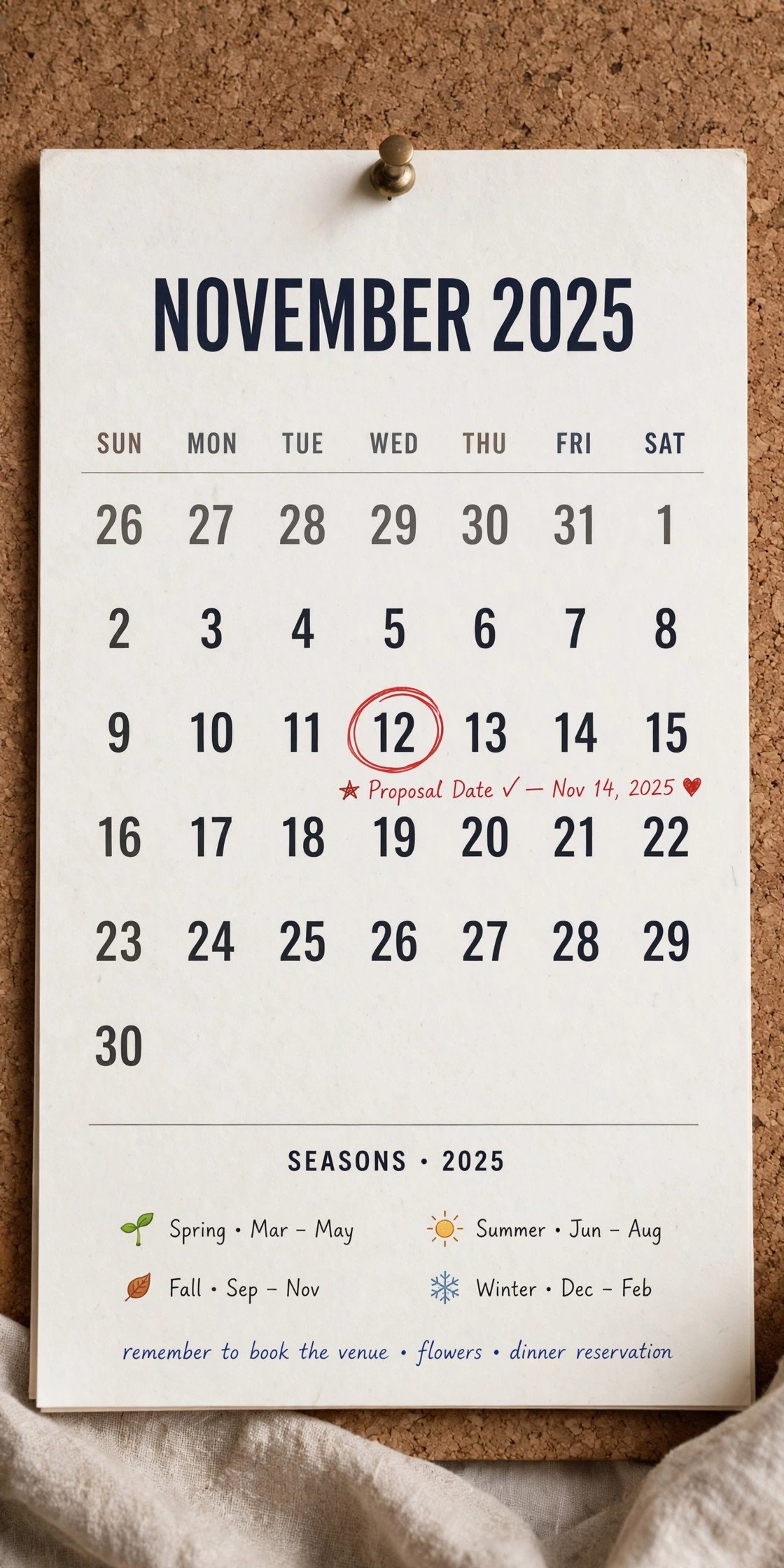 Calendar with proposal date circled and seasons noted