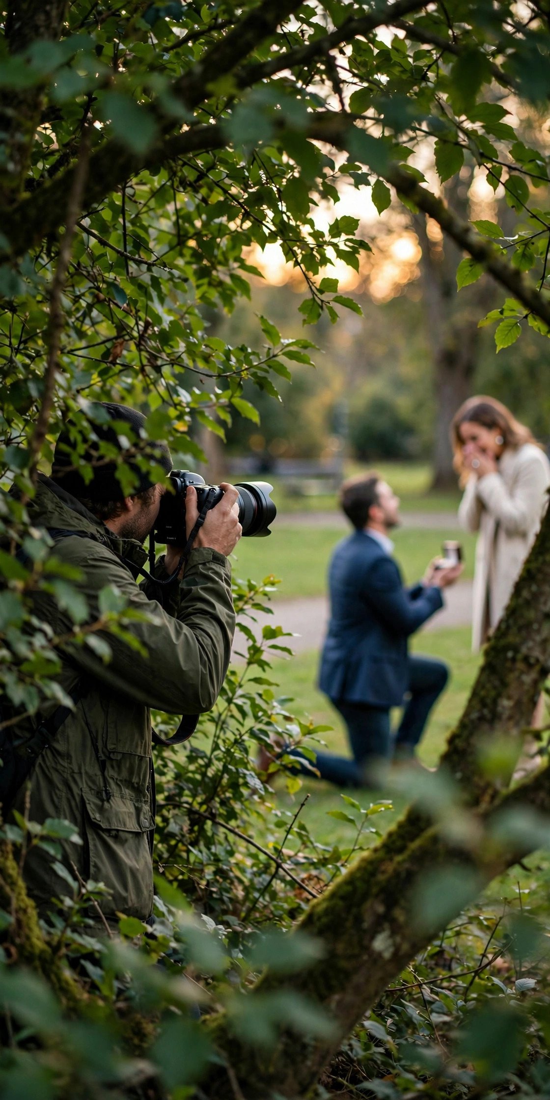 Photographer hiding behind trees capturing a proposal