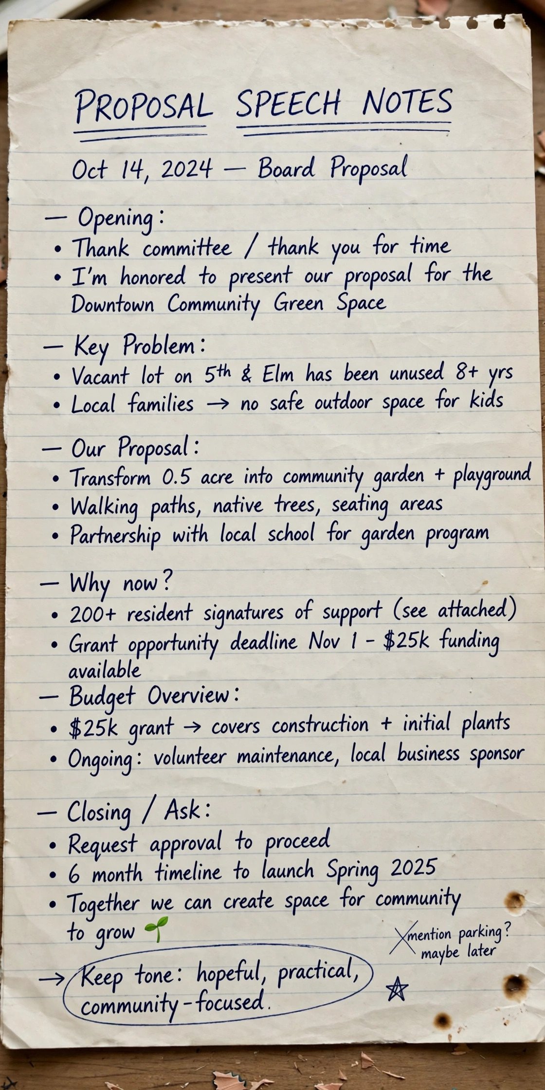 Handwritten proposal speech notes on paper