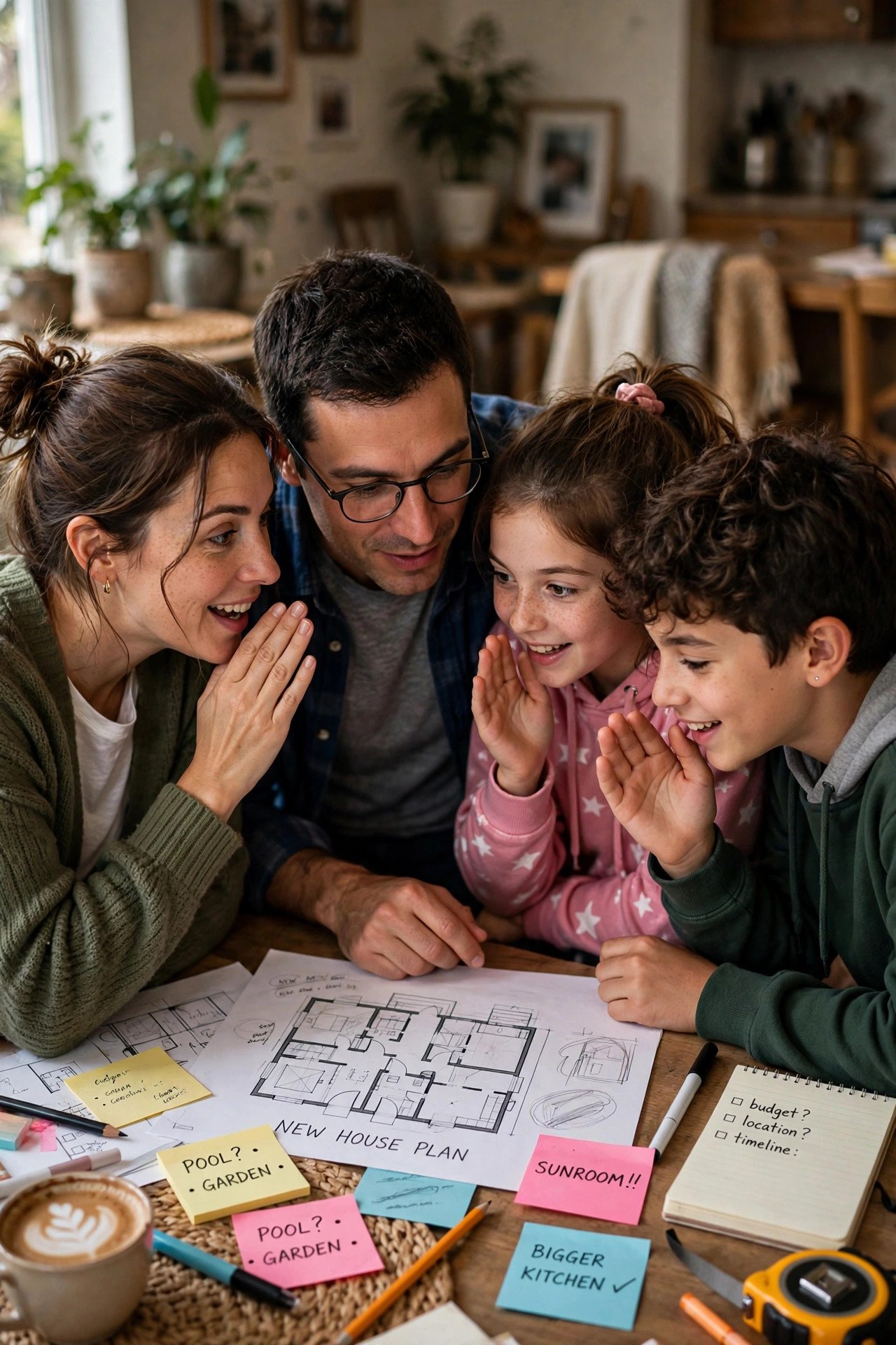 Family members whispering excitedly while planning