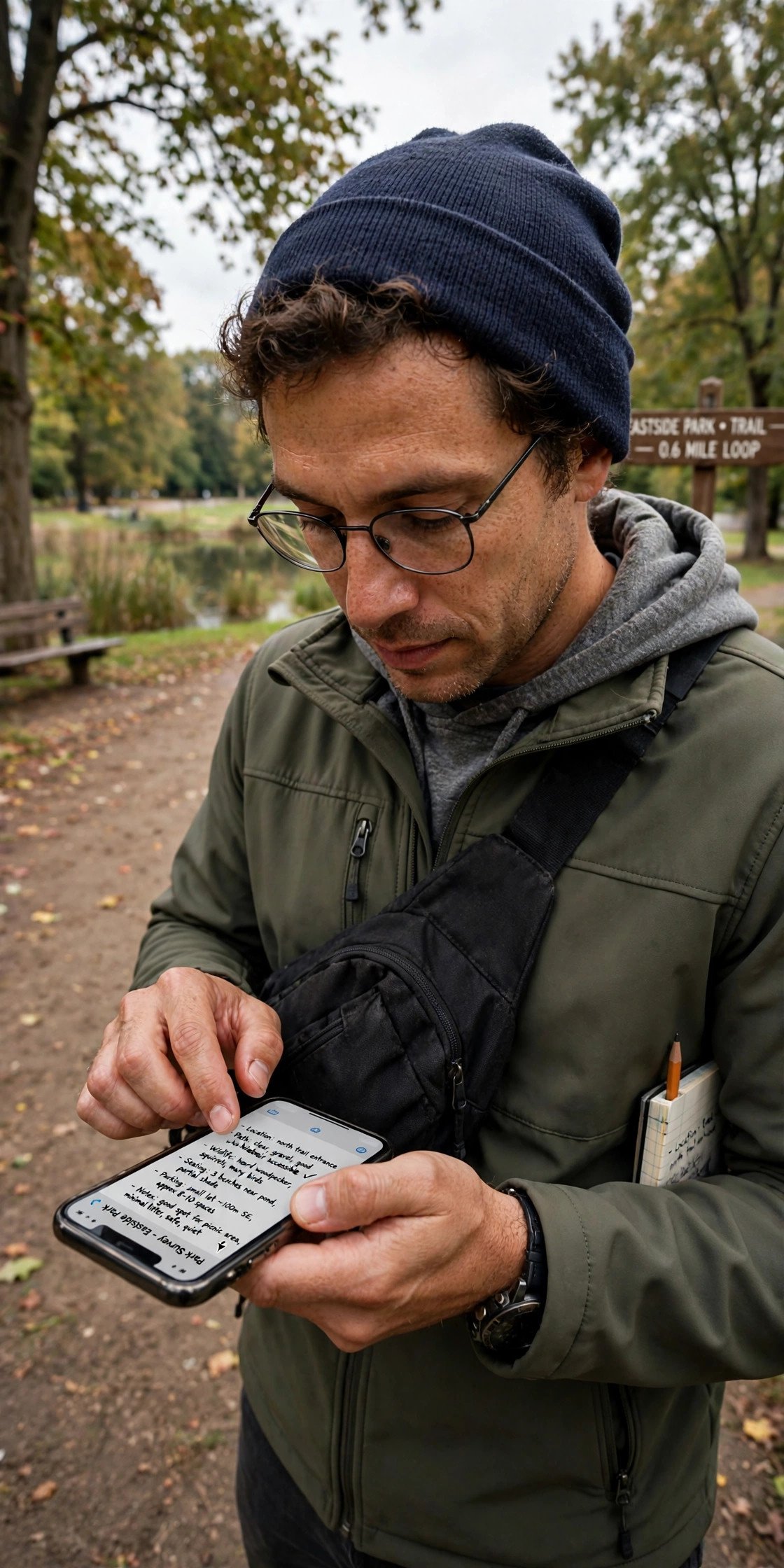 Person scouting a park location taking notes on phone