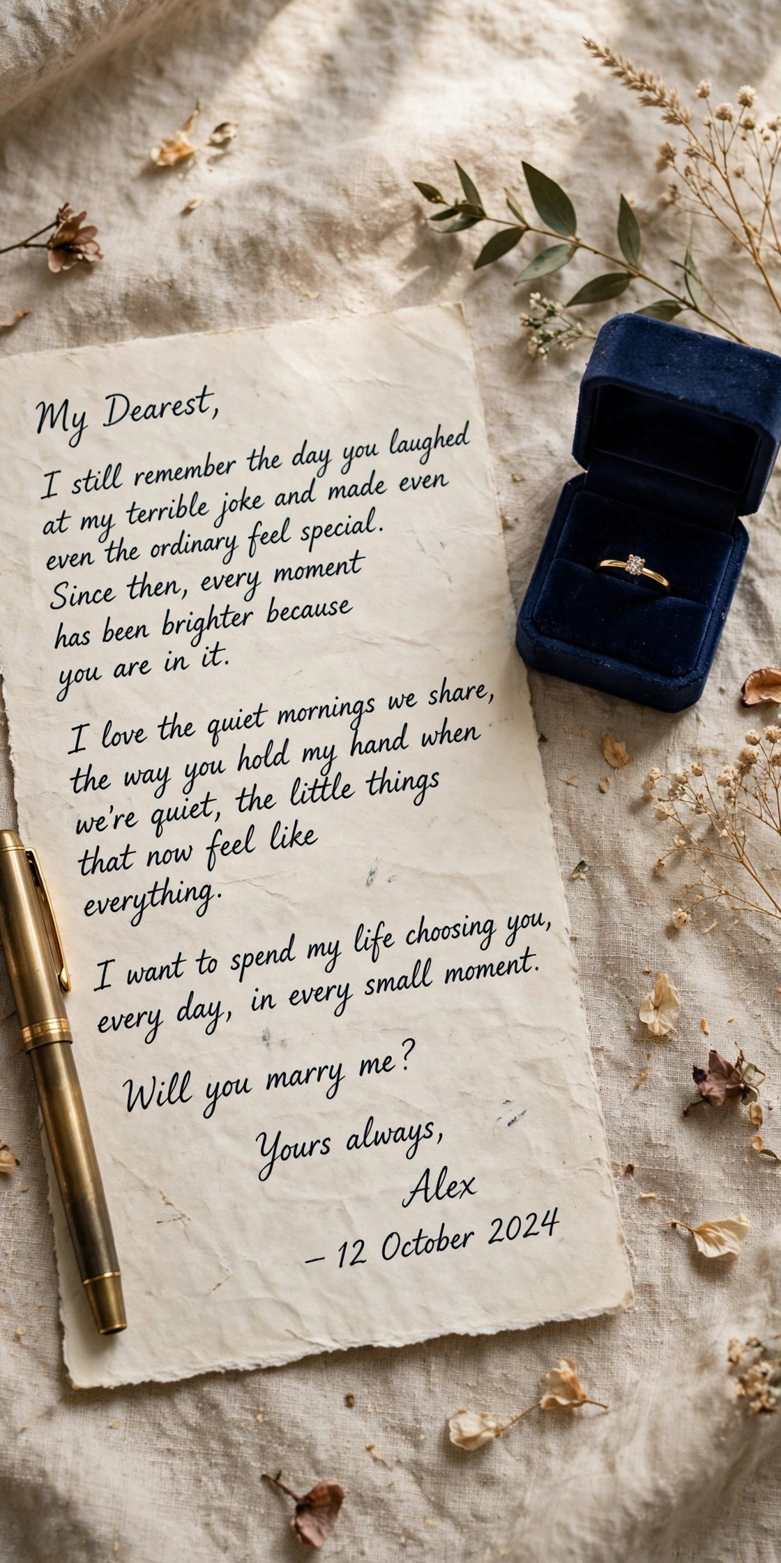 Handwritten love letter beside a simple ring box
