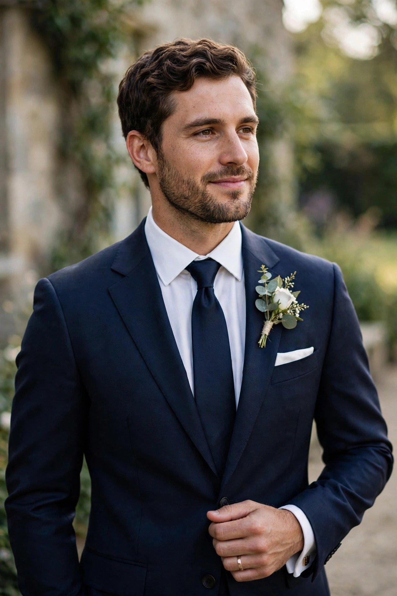 Groom wearing tailored midnight navy suit