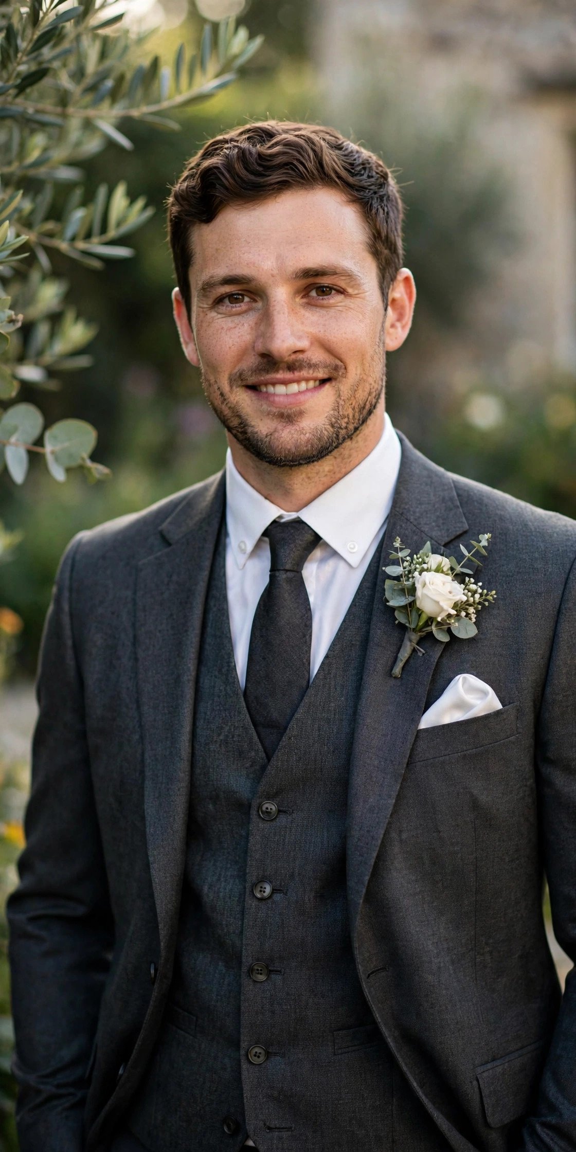 Groom in charcoal three-piece suit with waistcoat