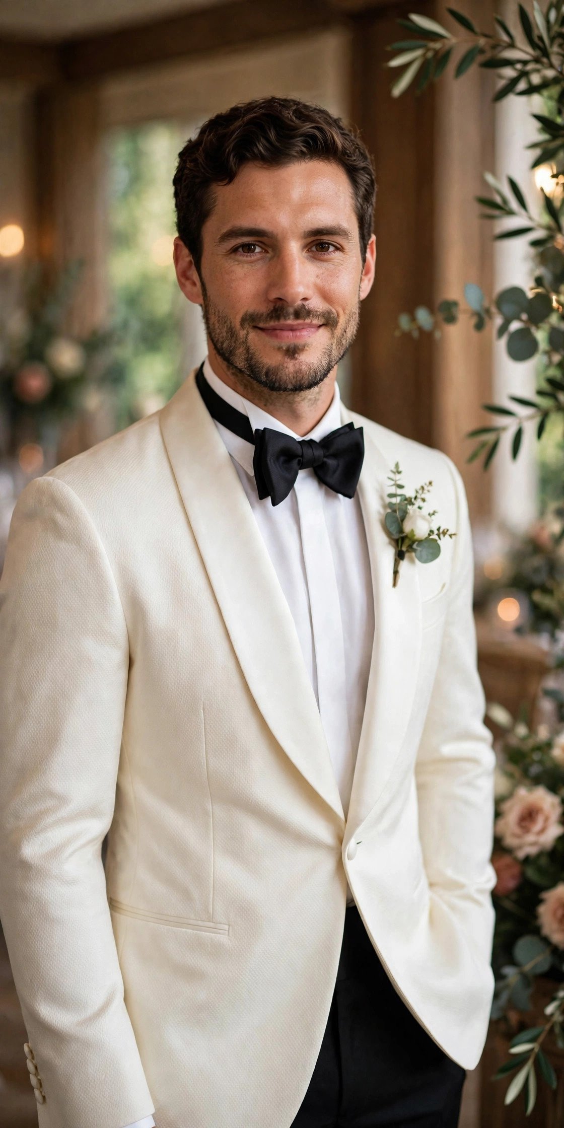 Groom in ivory dinner jacket with black trousers