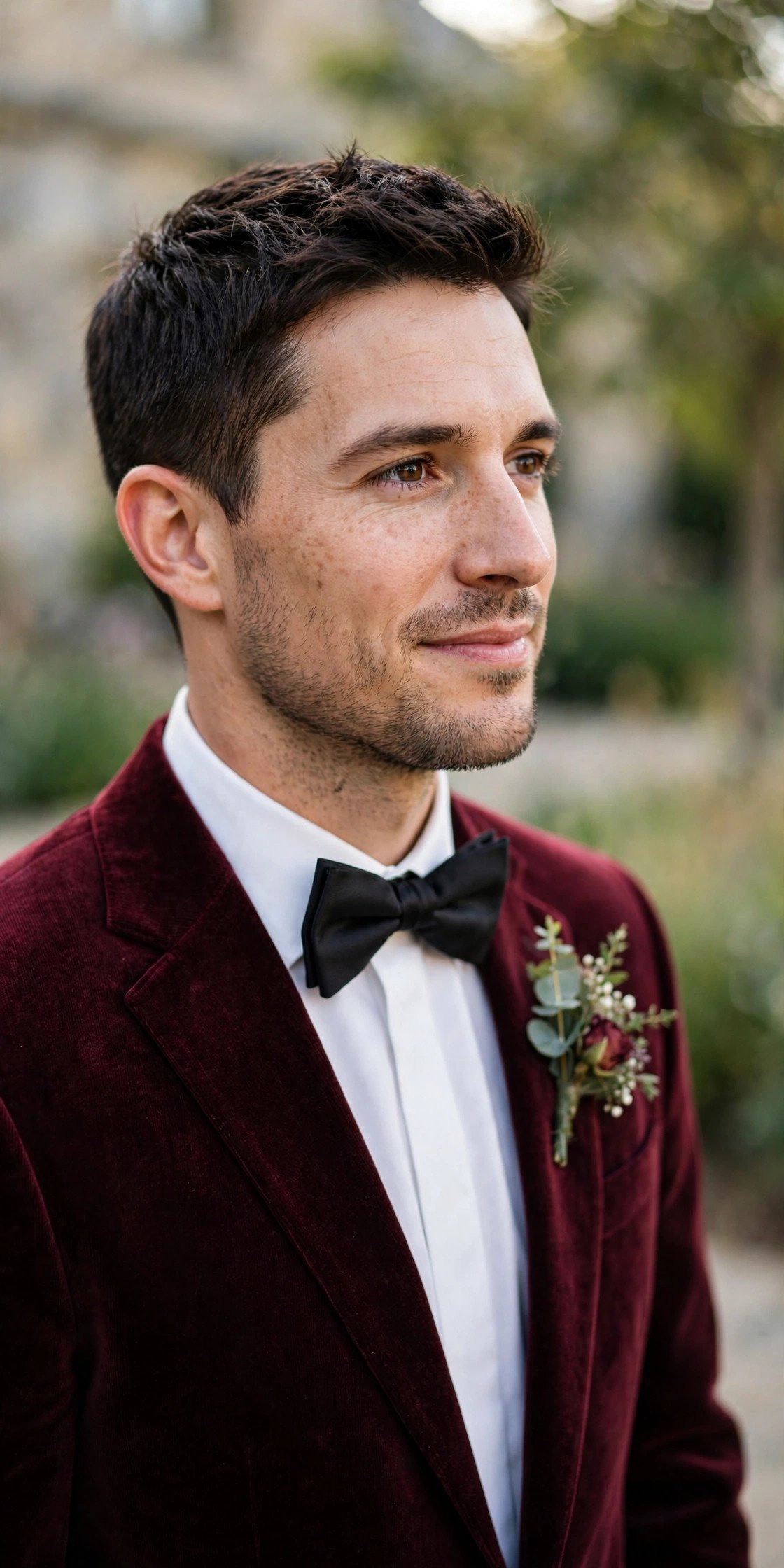 Groom wearing burgundy velvet blazer