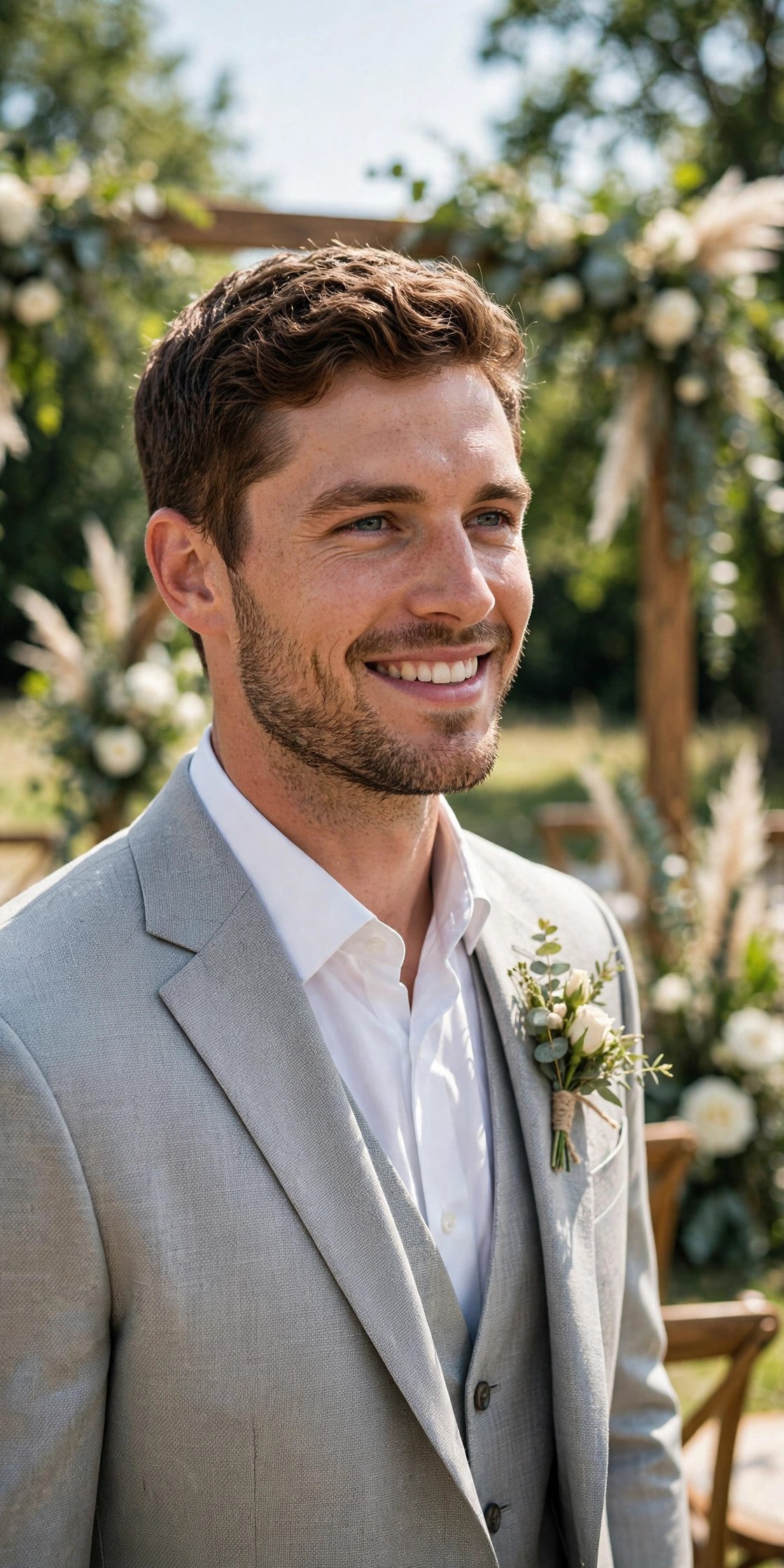 Groom in light gray suit at sunny outdoor wedding