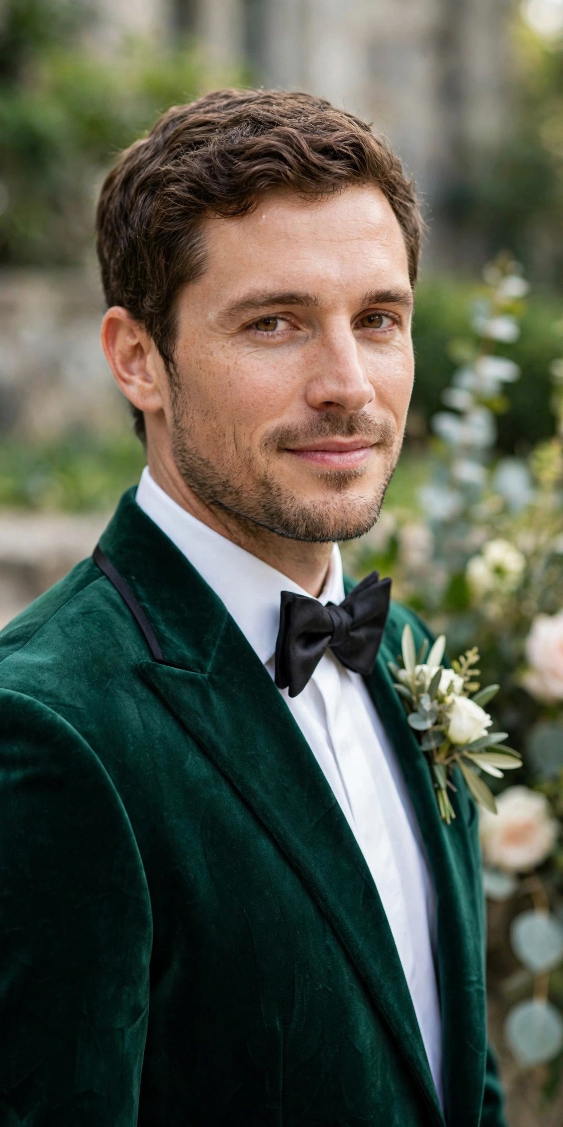Groom in emerald green velvet tuxedo jacket