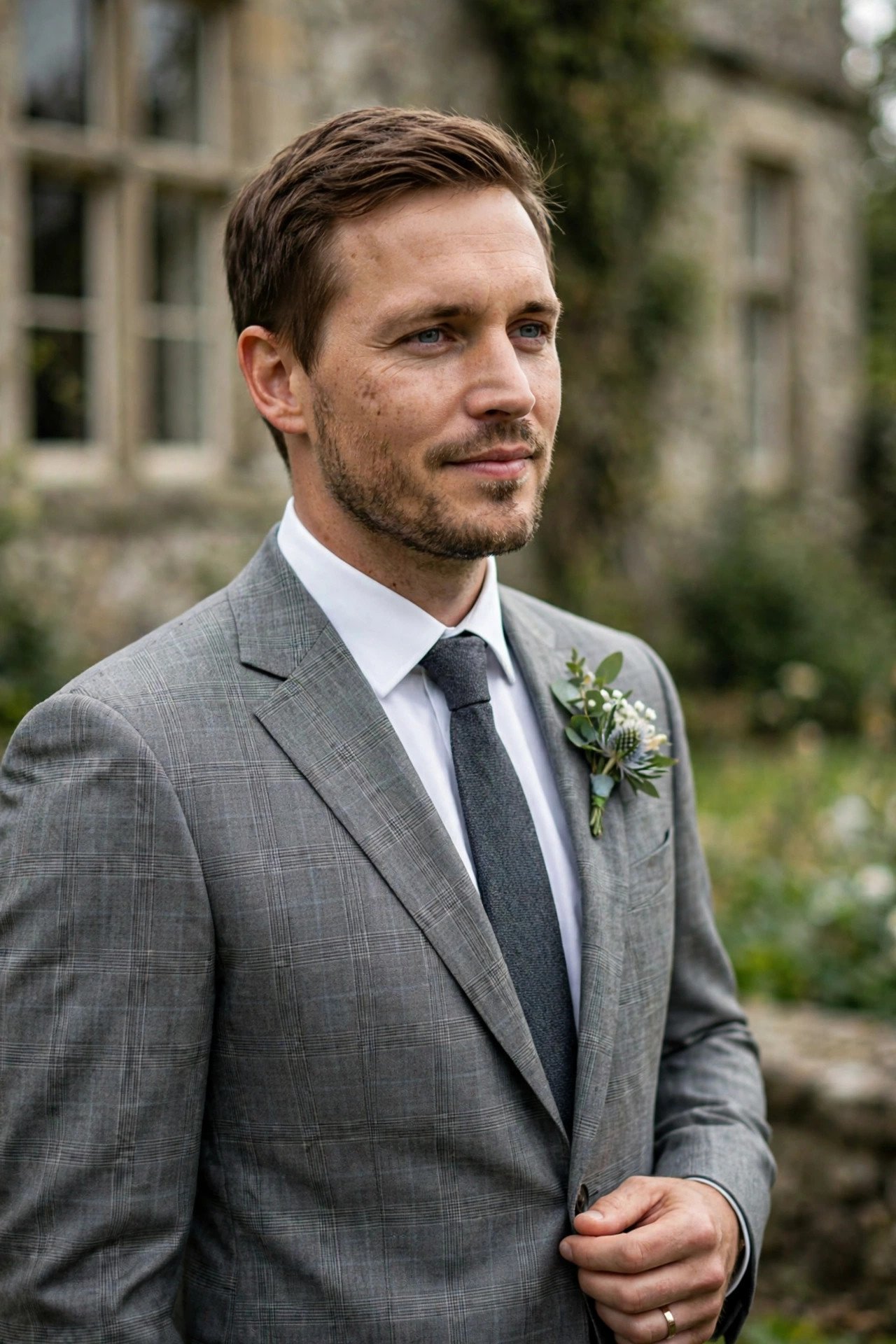 Groom in windowpane check gray suit