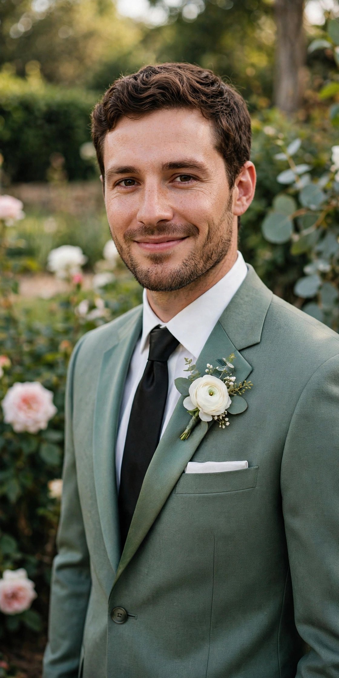 Groom in sage green suit with white boutonniere