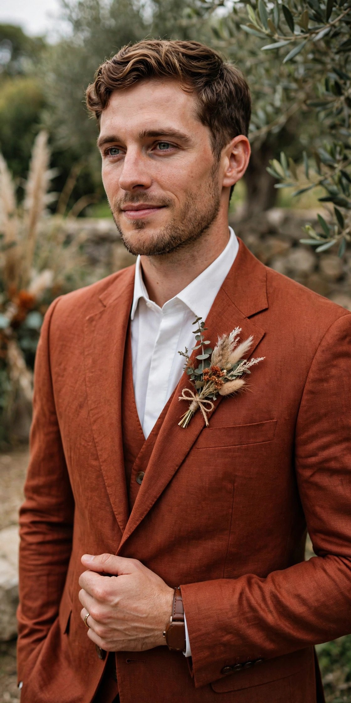 Groom in terracotta rust colored suit