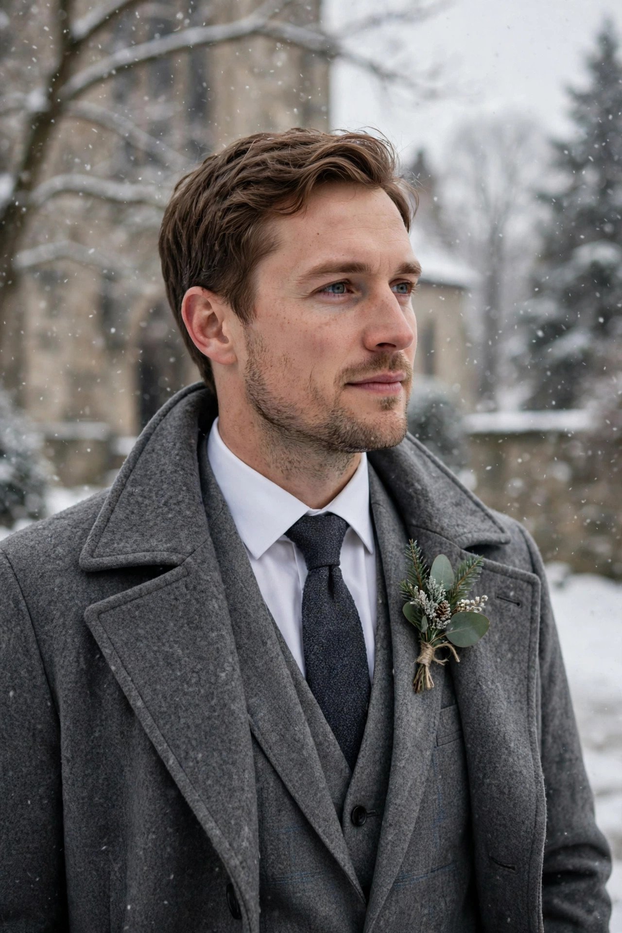 Groom in gray flannel suit with overcoat in winter