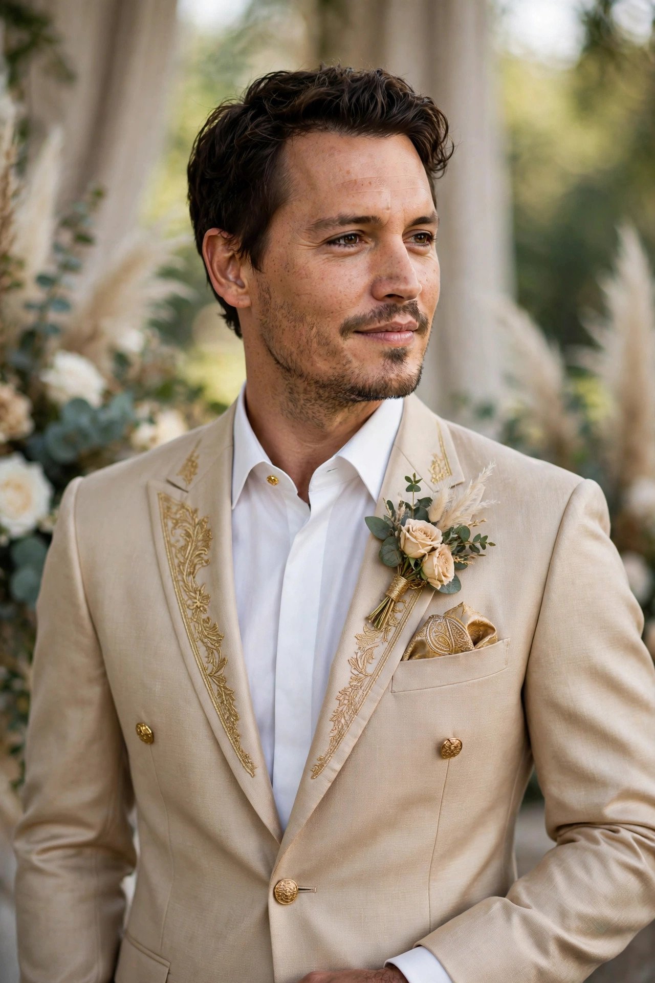 Groom in champagne colored suit with gold accents