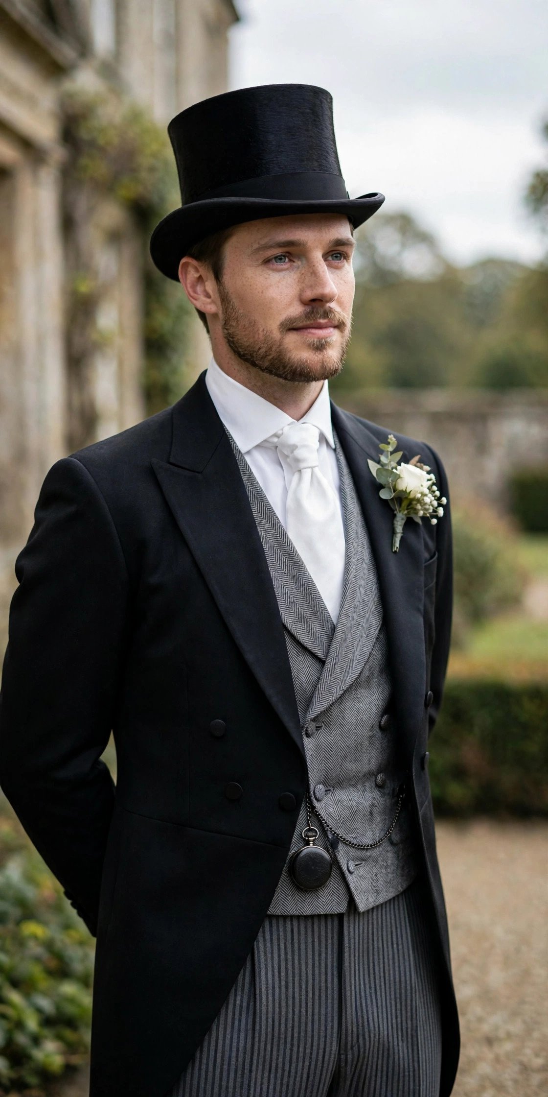 Groom in traditional morning suit with tailcoat and top hat