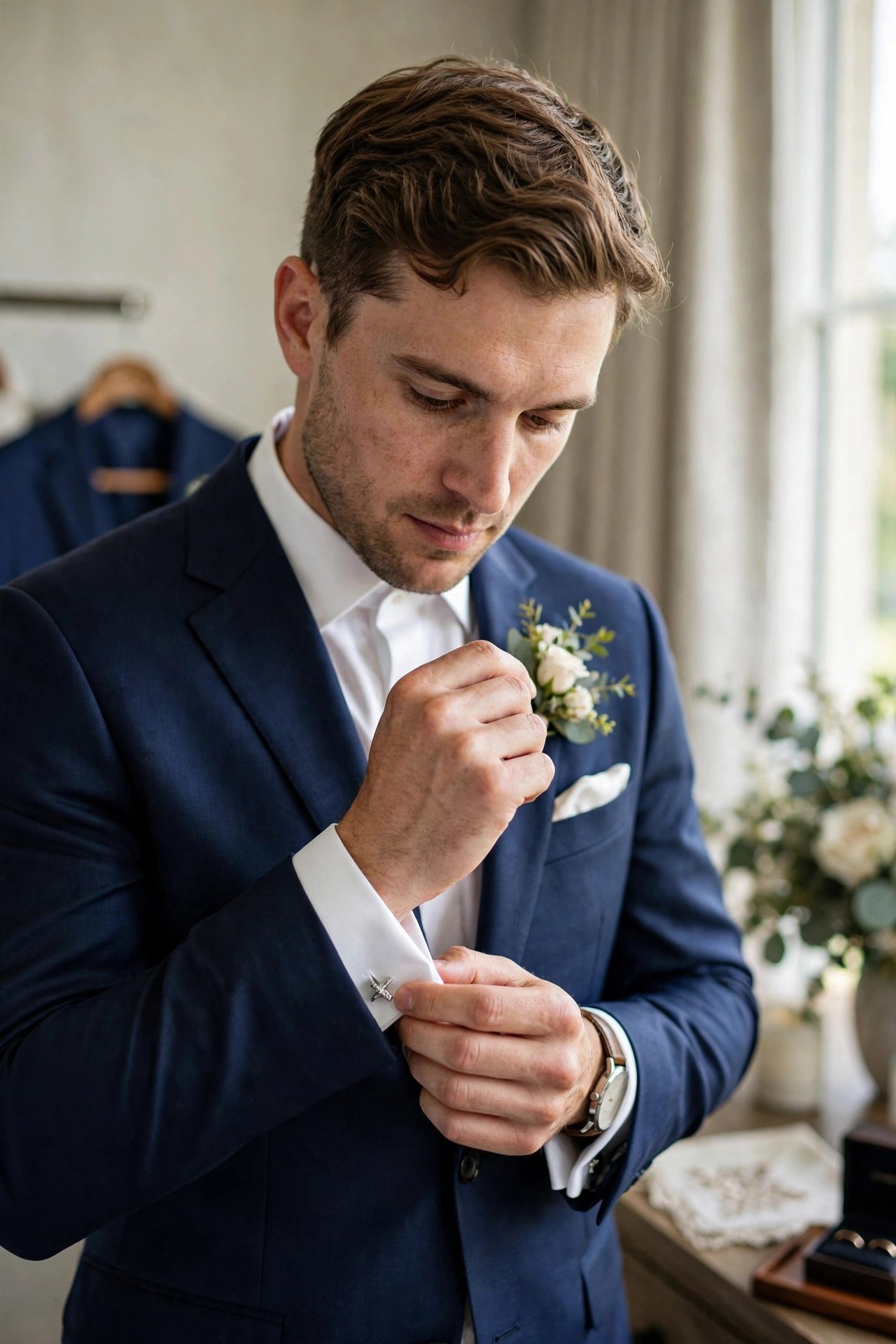 Stylish groom in a tailored navy suit adjusting cufflinks before wedding