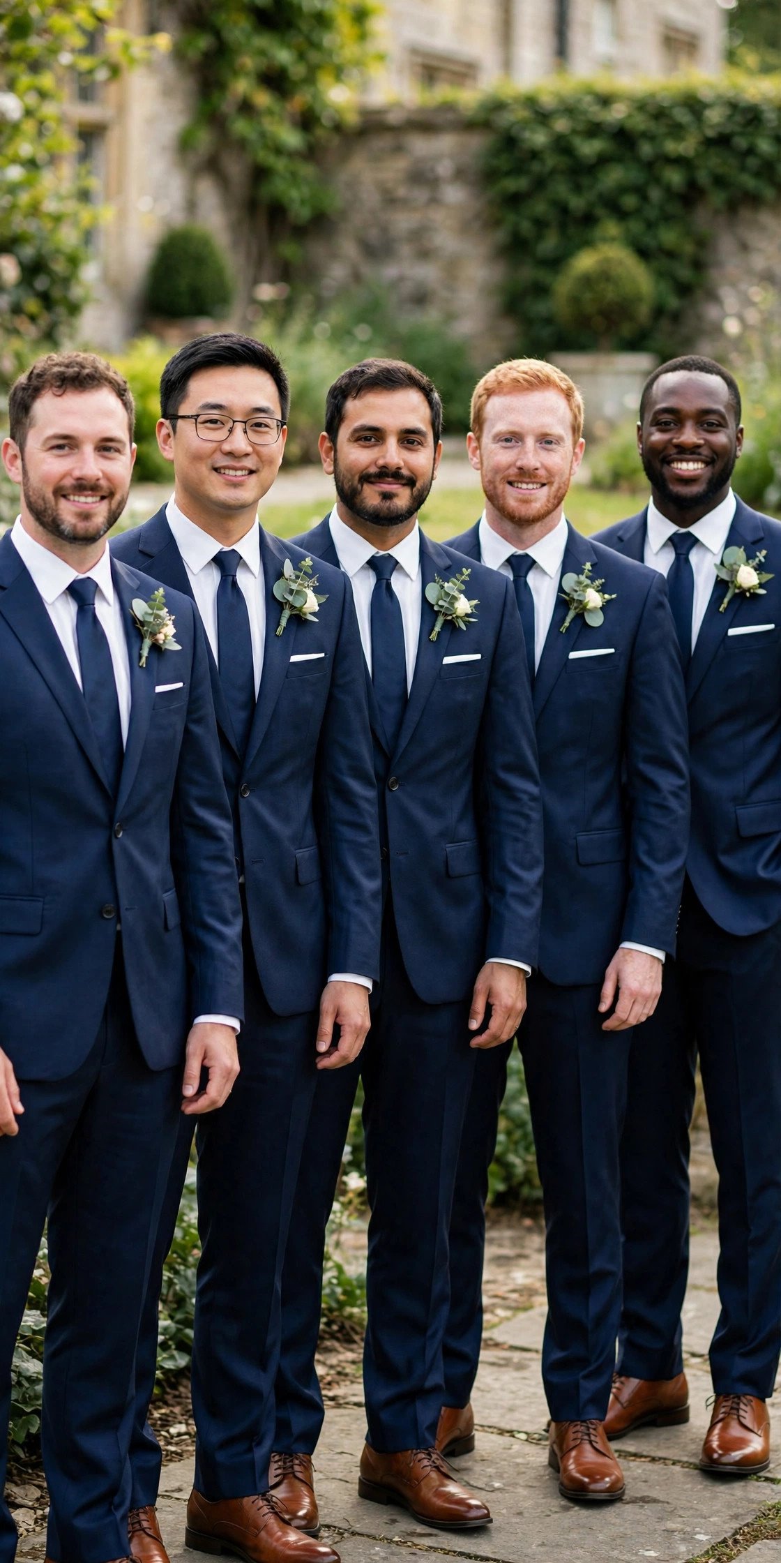 Groomsmen in matching navy suits standing in a row