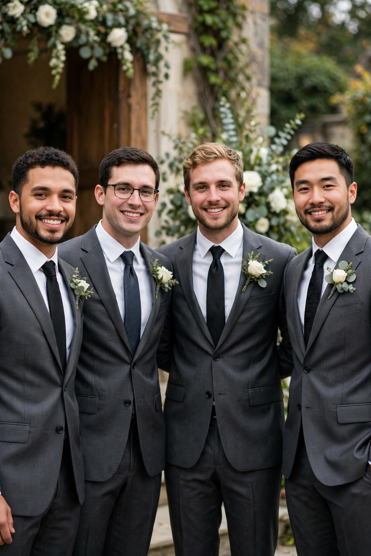 Groomsmen wearing charcoal gray suits at wedding