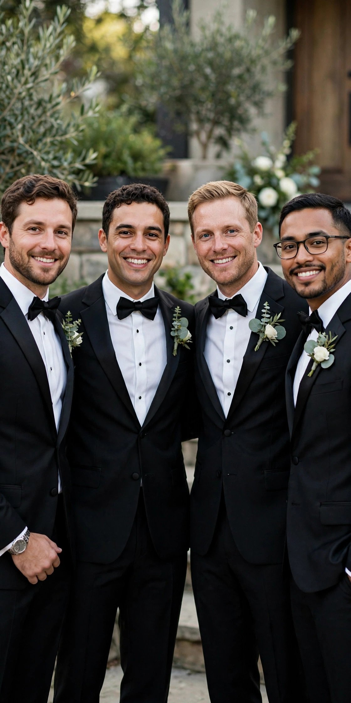 Groomsmen in black tuxedos with bow ties