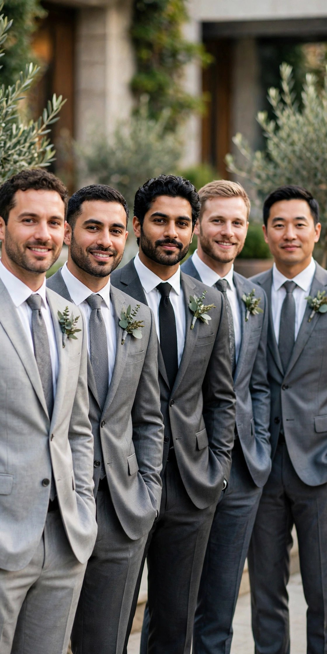 Groomsmen in varying shades of gray suits