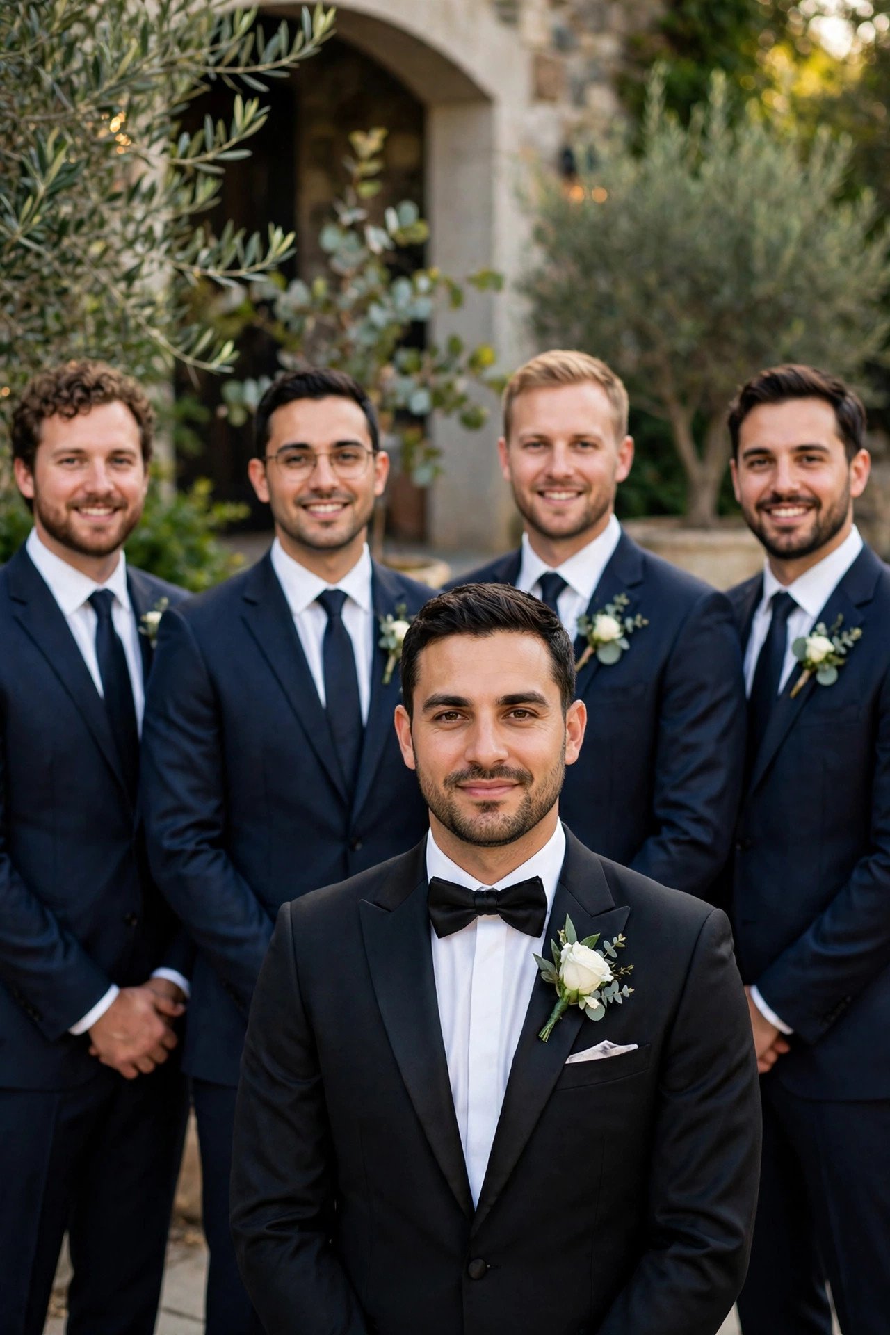 Groom in tuxedo with groomsmen in suits behind him