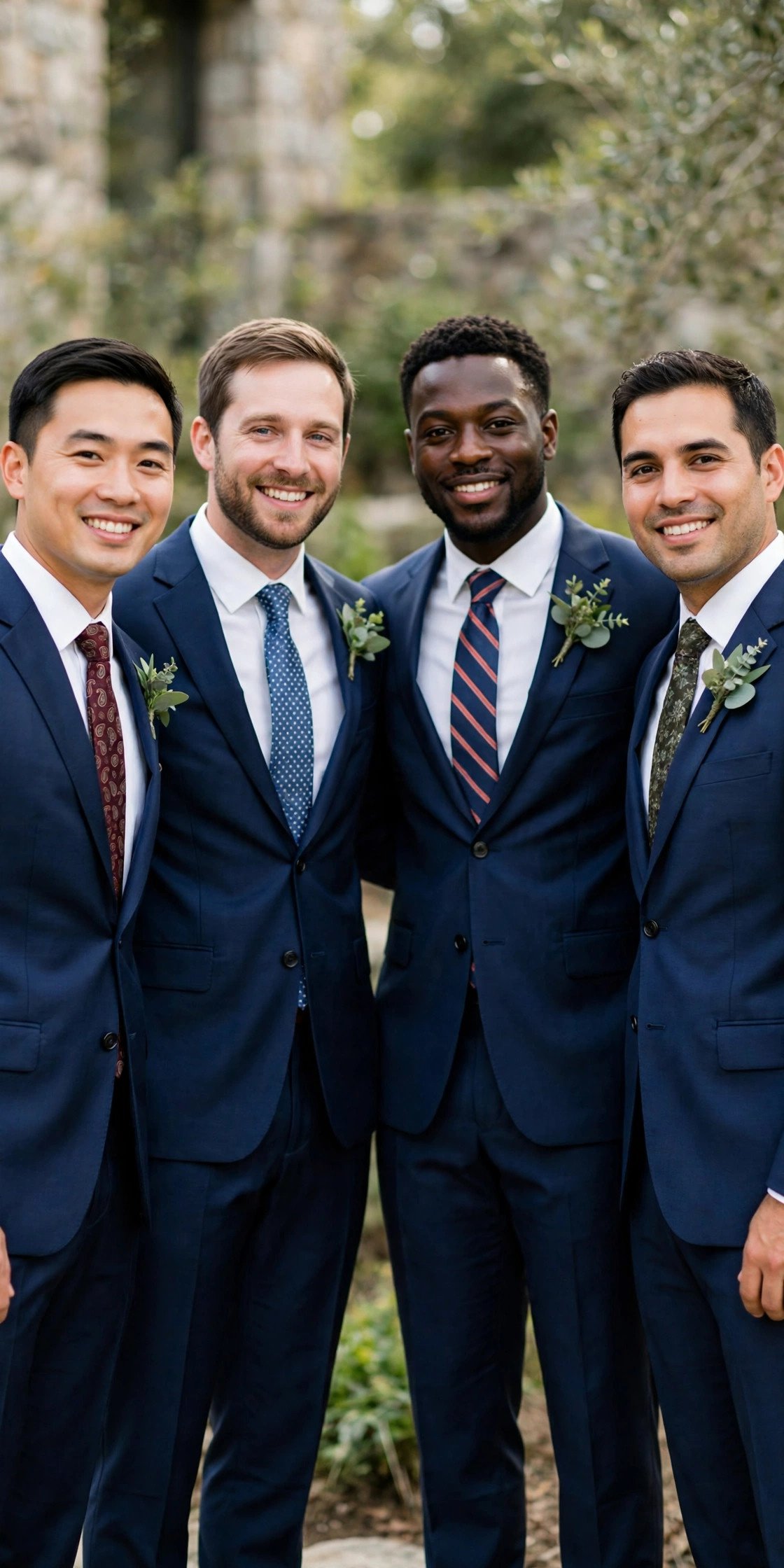 Groomsmen in same suits with different patterned ties