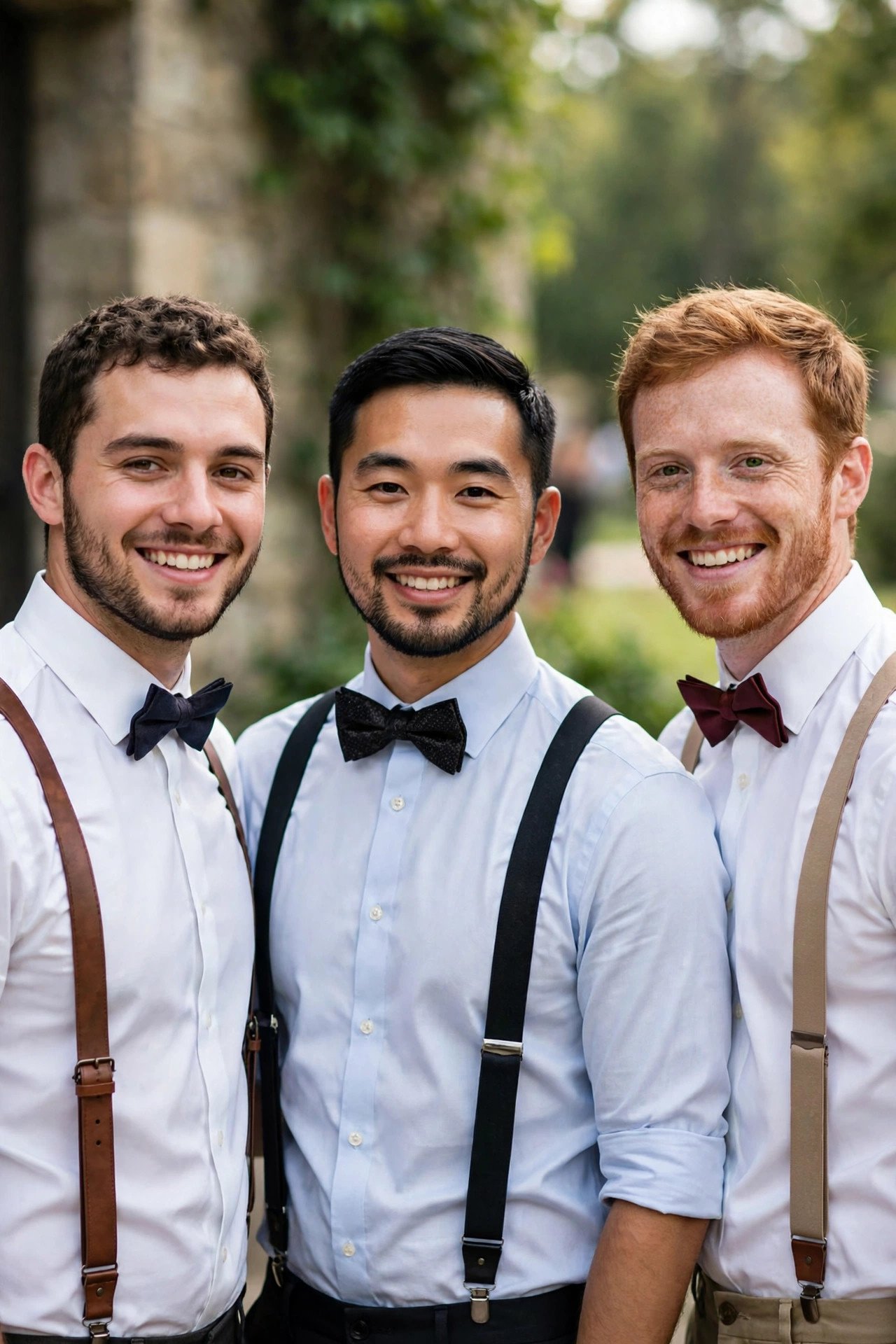 Groomsmen wearing suspenders and bow ties without jackets